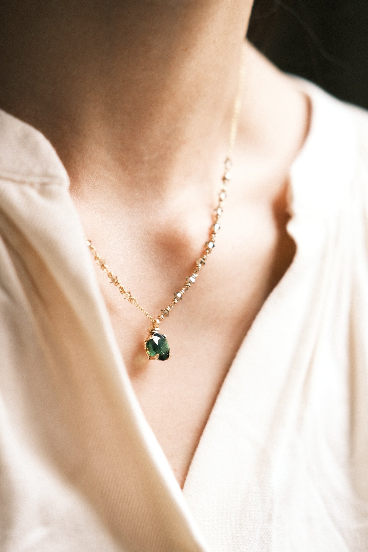 Green: Prong Set Oval Faceted Deep Green Tourmaline Necklace with Swarovski Crystal Accent Chain, 14K Gold Fill