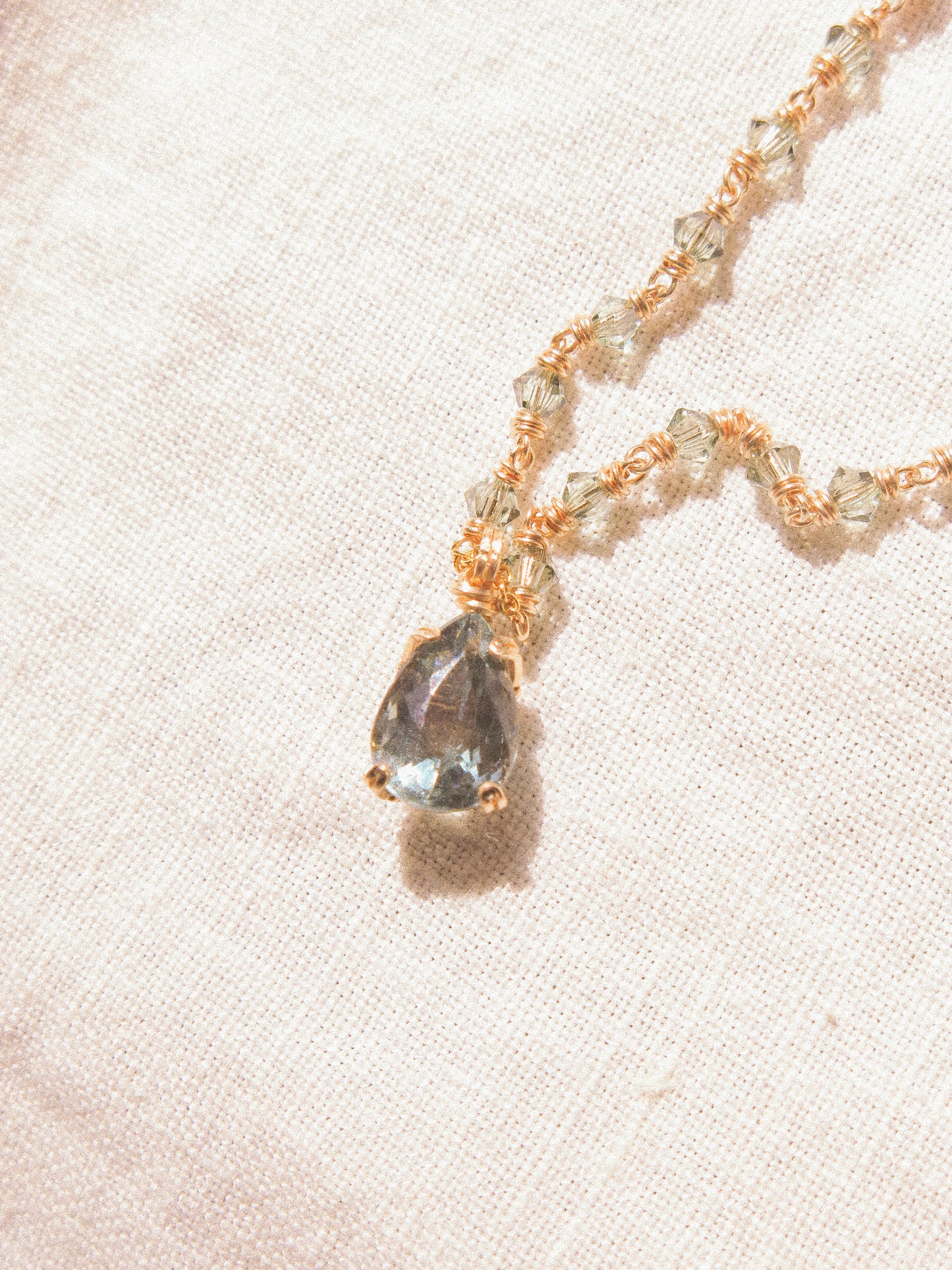 Blue: Prong Set Teardrop Faceted Icy Blue Tourmaline Necklace with Swarovski Crystal Accent Chain, 14K Gold Fill
