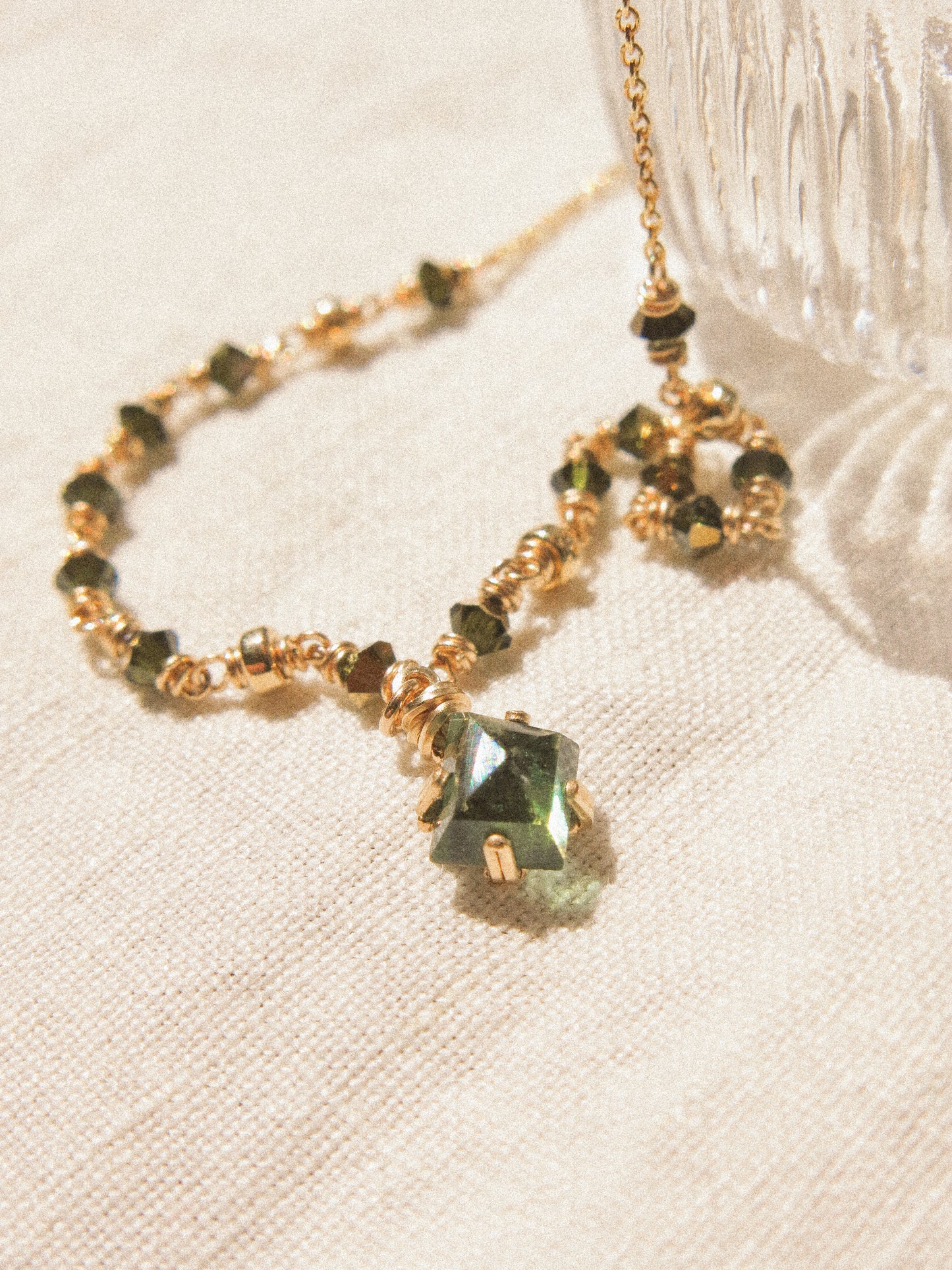 Forest Green Tourmaline Prong Set Pendant Necklace with Swarovski Crystal Accent, 14K Gold Fill