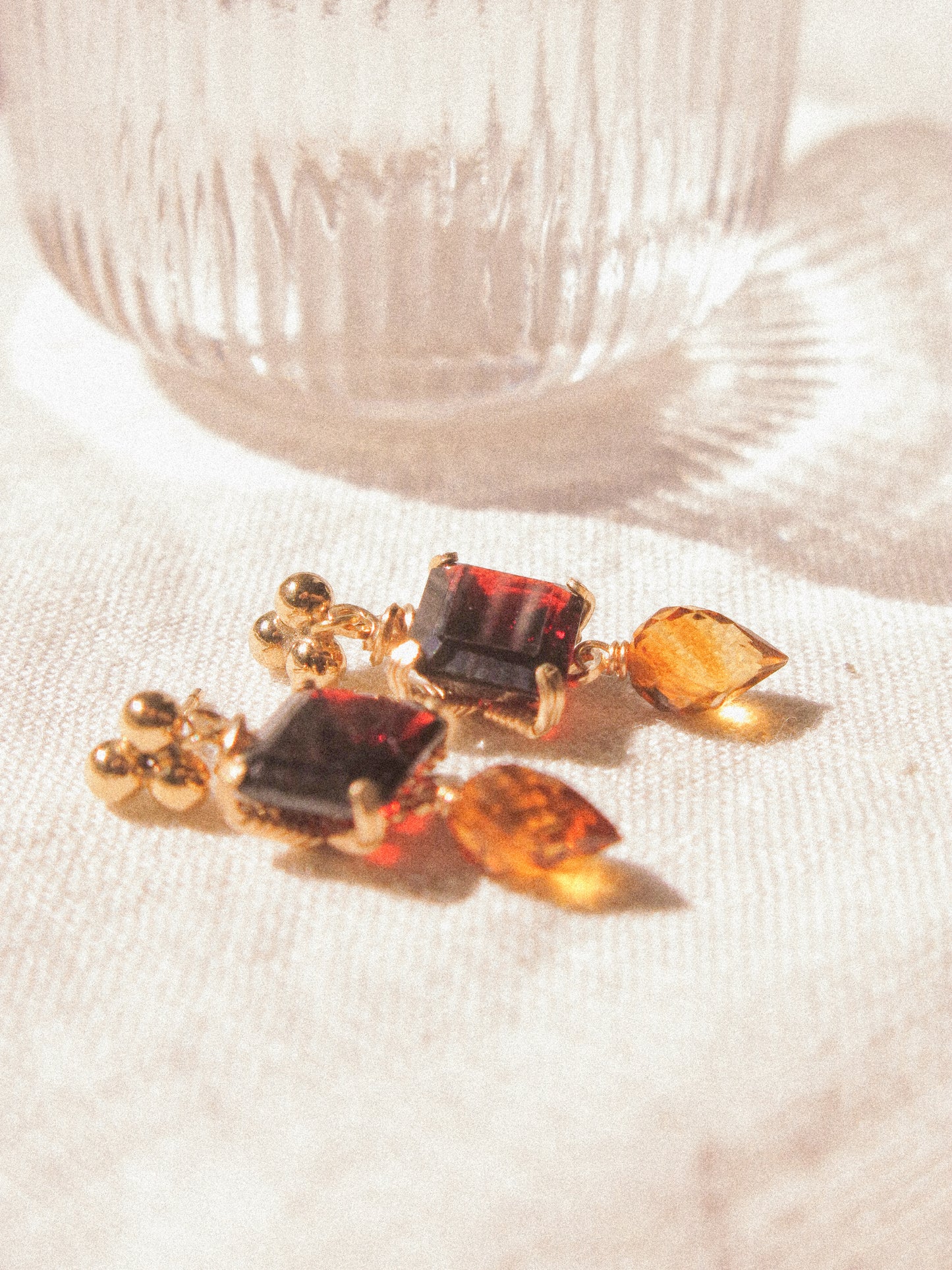 Red: Octagon Mozambique Garnet Prong Set Post Earrings with Microfaceted Brandy Citrine, 14K Gold Fill