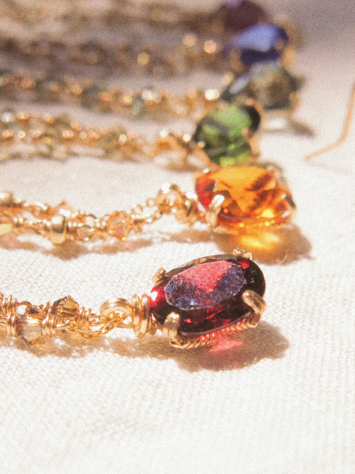 Red: Prong Set Oval Faceted Mozambique Garnet Necklace with Swarovski Crystal Accent Chain, 14K Gold Fill