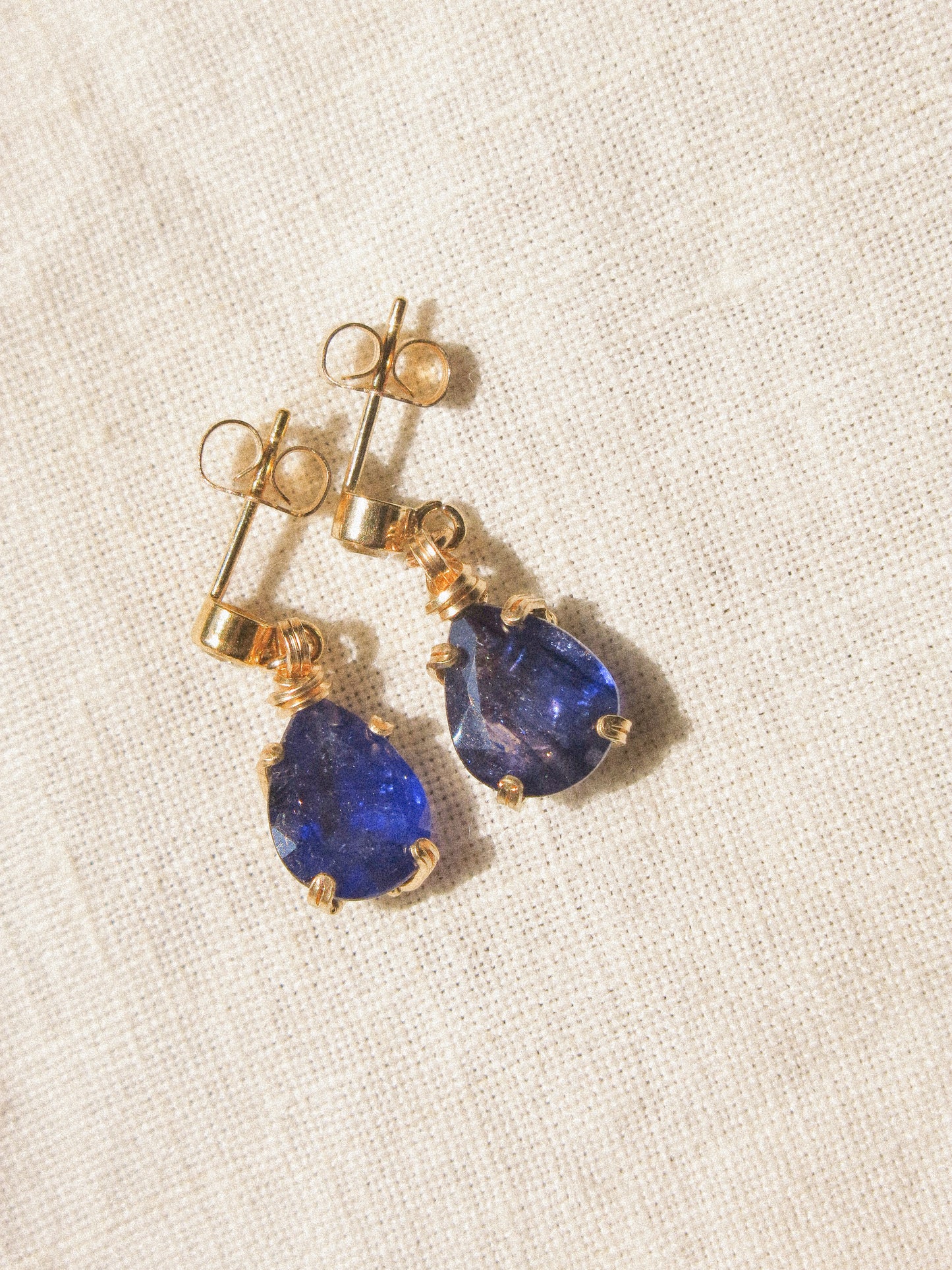 Prong Set Teardrop Blue Sapphire on White Topaz Post Earrings, 14K Gold Fill