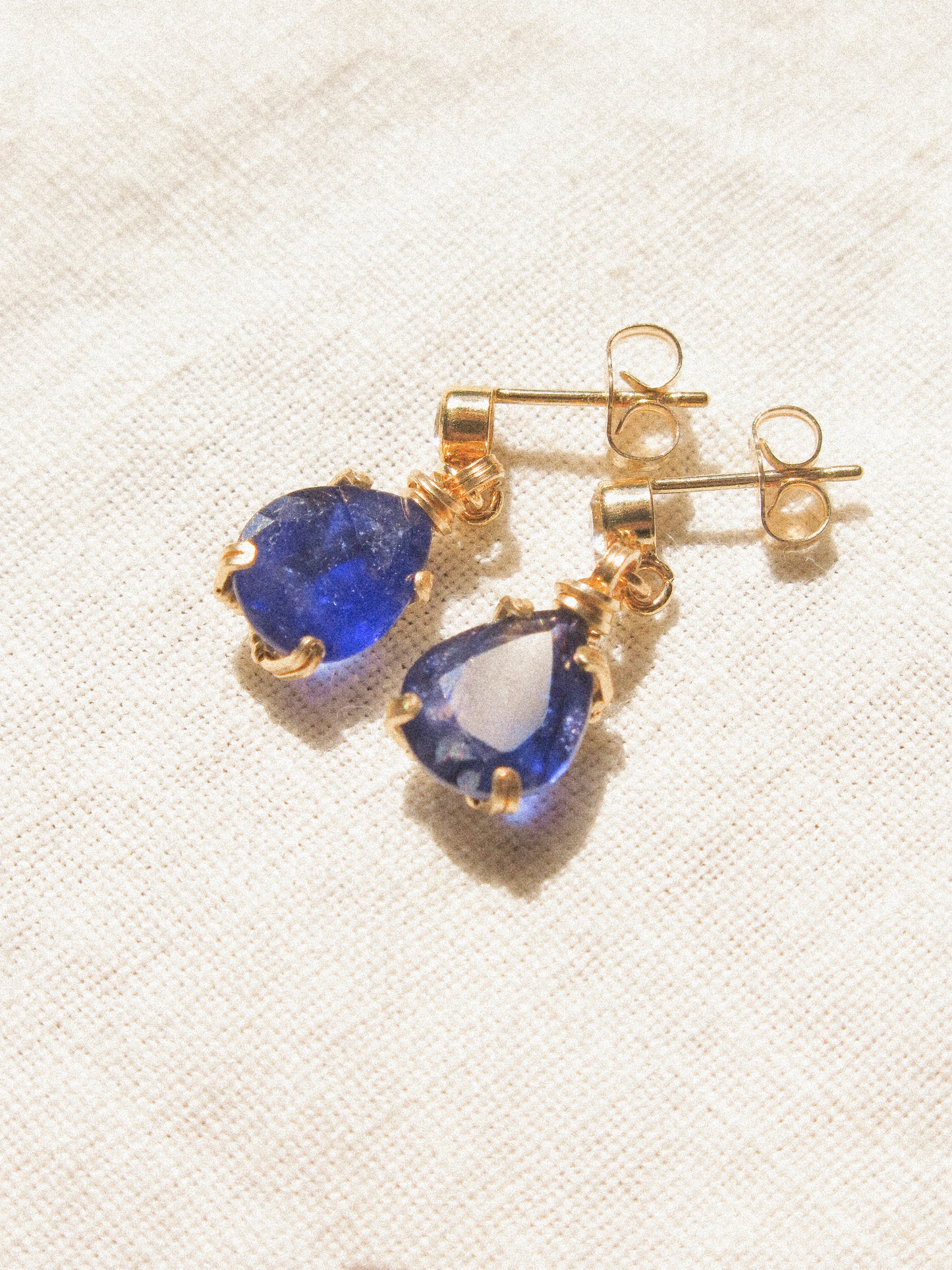 Prong Set Teardrop Blue Sapphire on White Topaz Post Earrings, 14K Gold Fill
