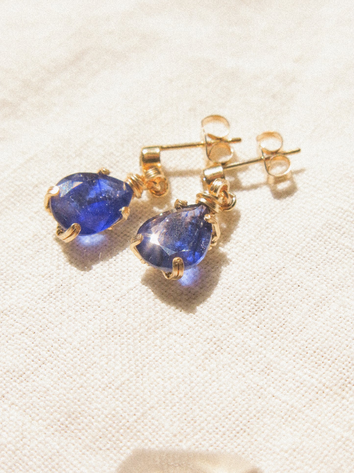 Prong Set Teardrop Blue Sapphire on White Topaz Post Earrings, 14K Gold Fill
