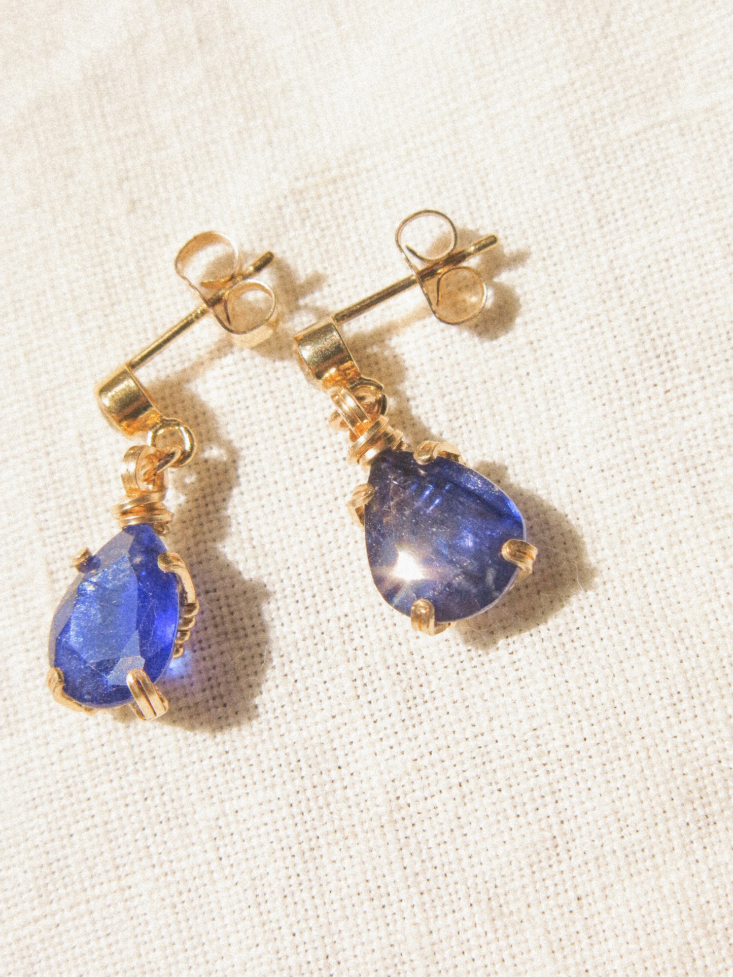 Prong Set Teardrop Blue Sapphire on White Topaz Post Earrings, 14K Gold Fill
