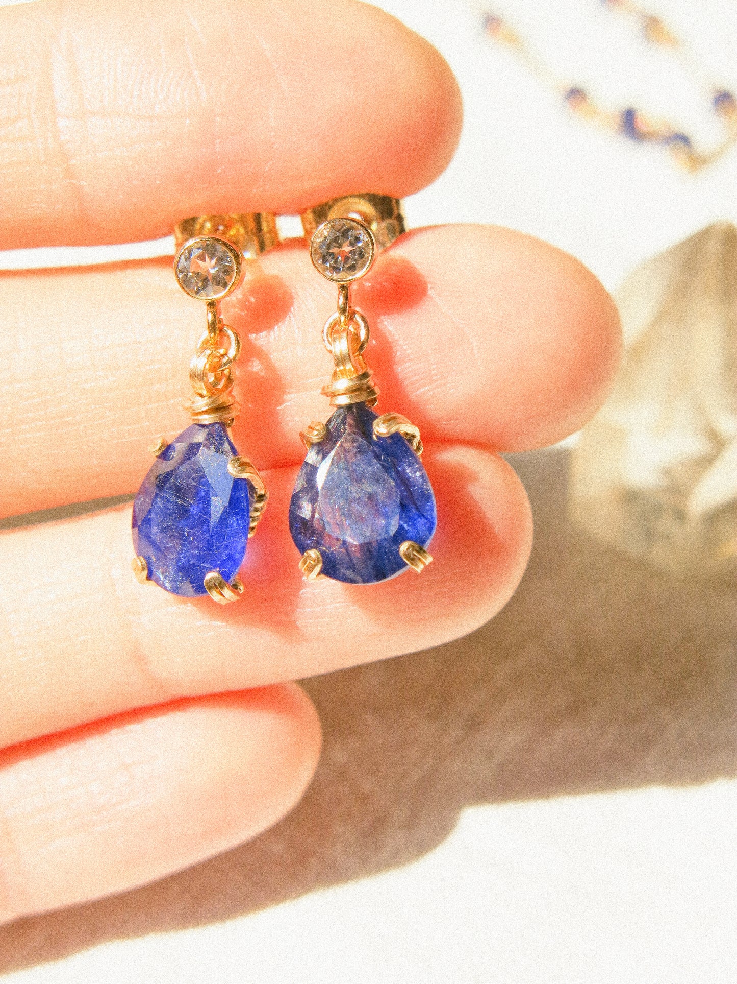Prong Set Teardrop Blue Sapphire on White Topaz Post Earrings, 14K Gold Fill