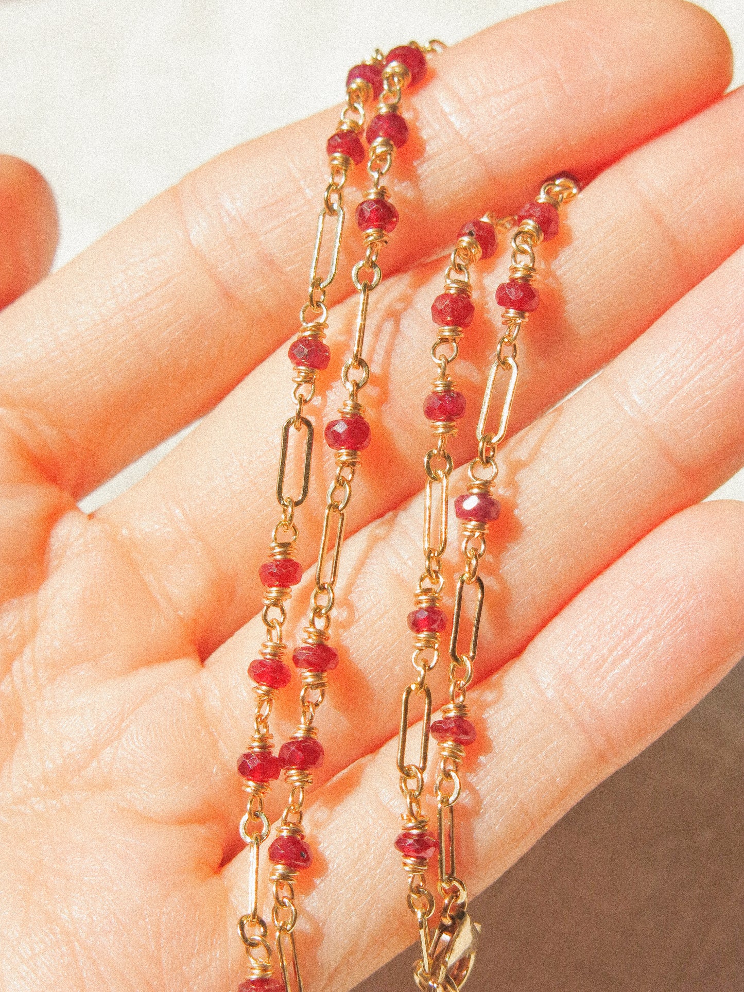 AAA Longido Ruby Delicate Choker Necklace with Long and Short Chain in 14K Gold Fill