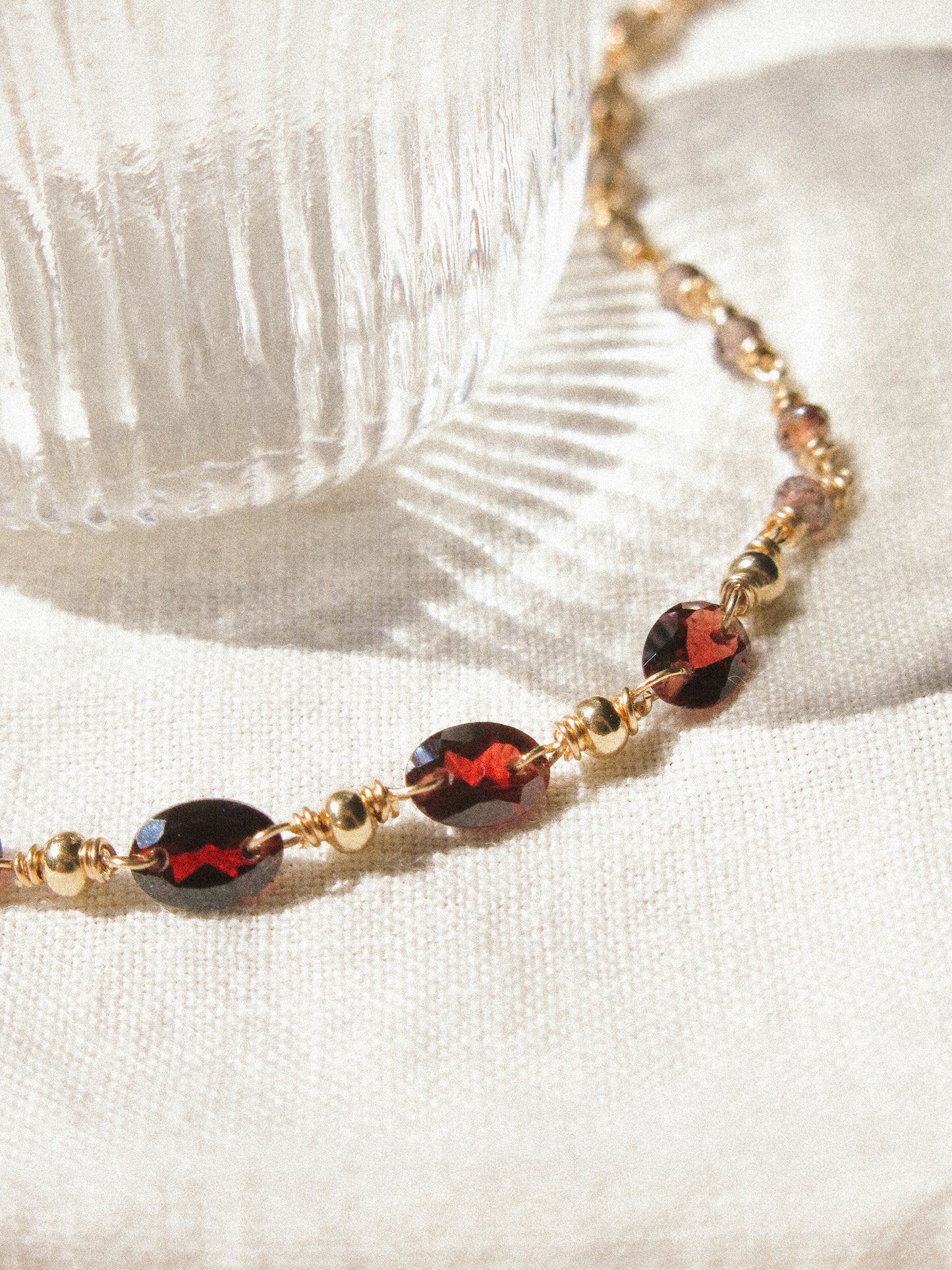 Delicate Choker Necklace with Faceted Oval Mozambique Garnet and AAA Ombré Tundra Sapphire, 14K Gold Fill