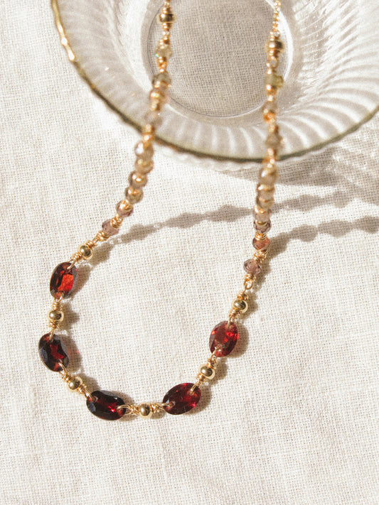 Delicate Choker Necklace with Faceted Oval Mozambique Garnet and AAA Ombré Tundra Sapphire, 14K Gold Fill