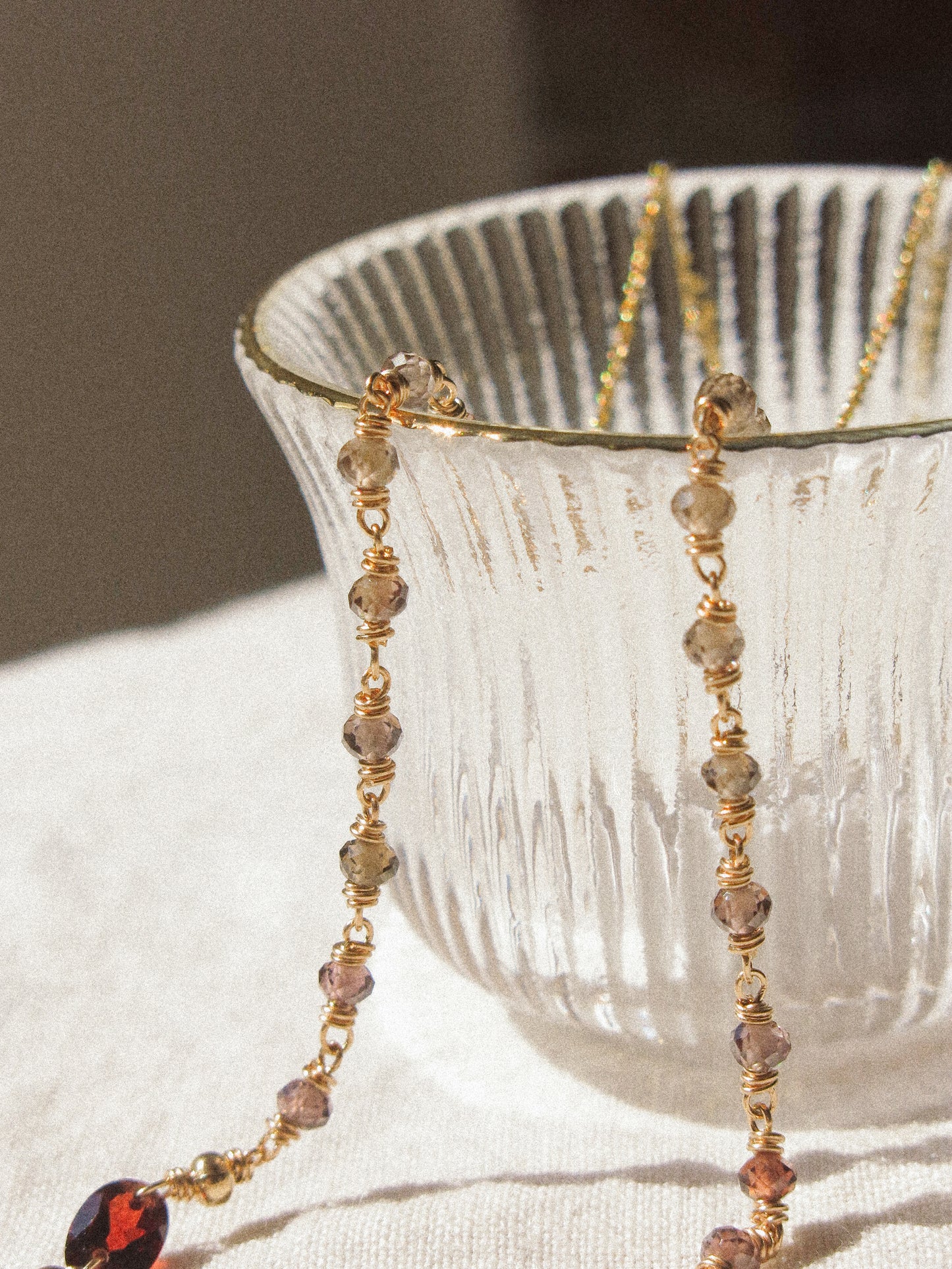 Delicate Choker Necklace with Faceted Oval Mozambique Garnet and AAA Ombré Tundra Sapphire, 14K Gold Fill