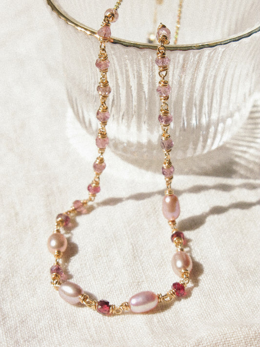 Delicate Choker Necklace with Rainbow Purple Pearls and and AAA Ombré Spinel, 14K Gold Fill