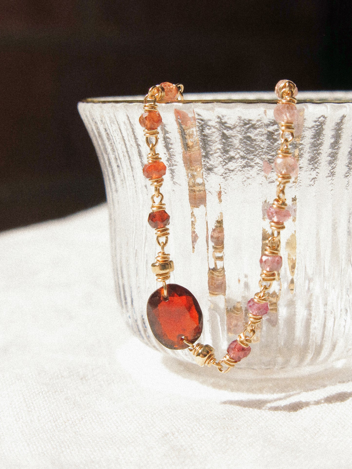 Delicate Bracelet with Faceted Hessonite Garnet and AAA Ombré Tundra Sapphire, 6.5”, 14K Gold Fill