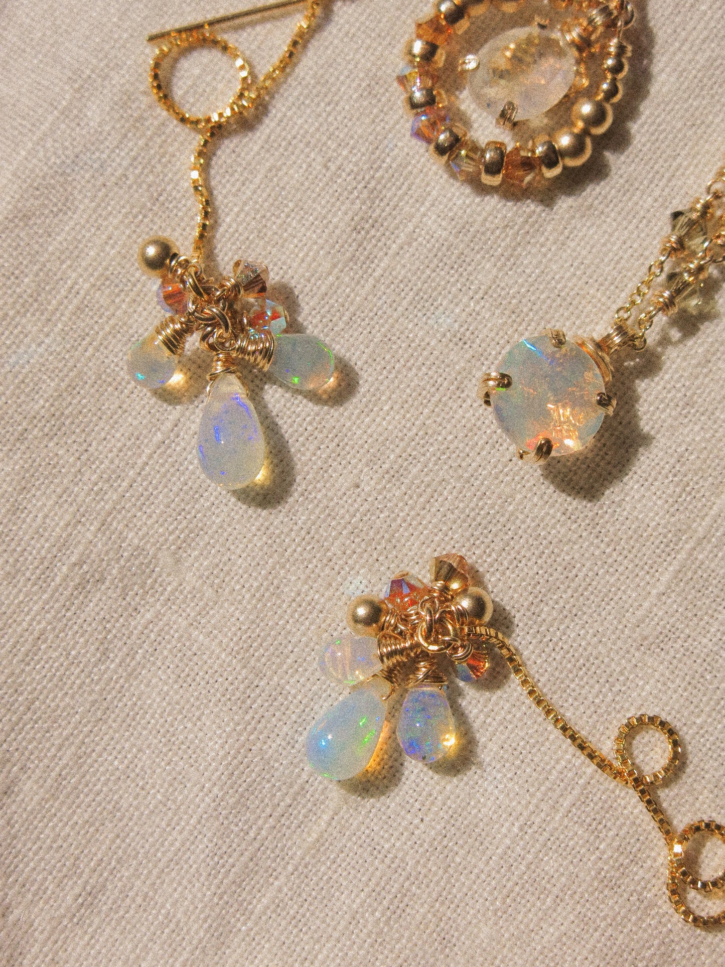 AAA Smooth Ethiopian Welo Opal Cluster Threader Earrings With Swarovski Crystals, 14K Gold Fill