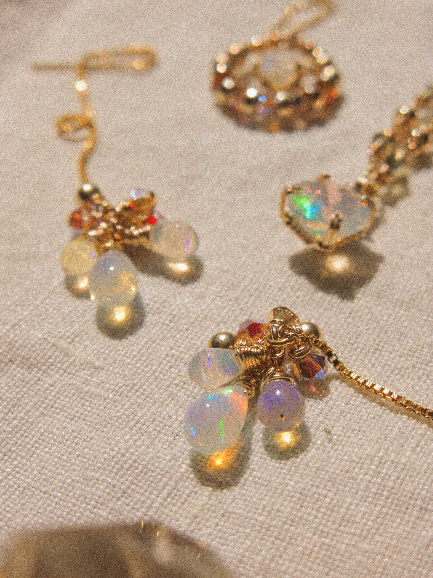 AAA Smooth Ethiopian Welo Opal Cluster Threader Earrings With Swarovski Crystals, 14K Gold Fill