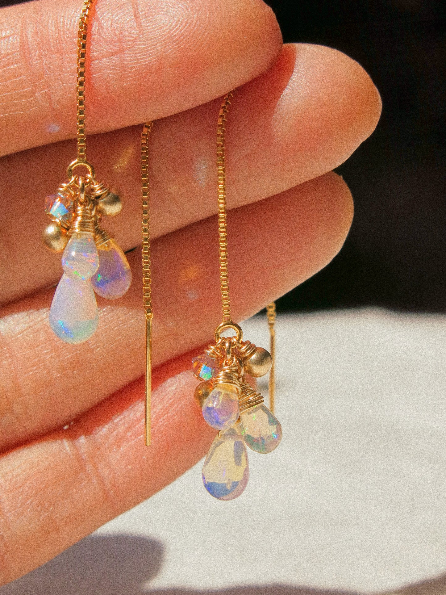 AAA Smooth Ethiopian Welo Opal Cluster Threader Earrings With Swarovski Crystals, 14K Gold Fill