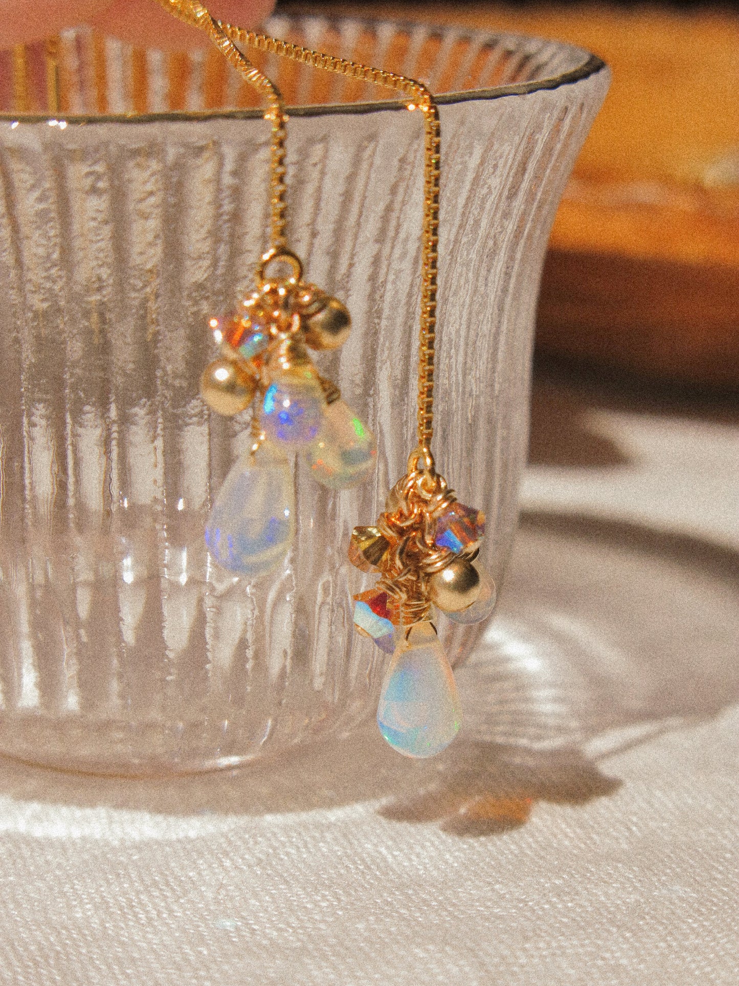 AAA Smooth Ethiopian Welo Opal Cluster Threader Earrings With Swarovski Crystals, 14K Gold Fill