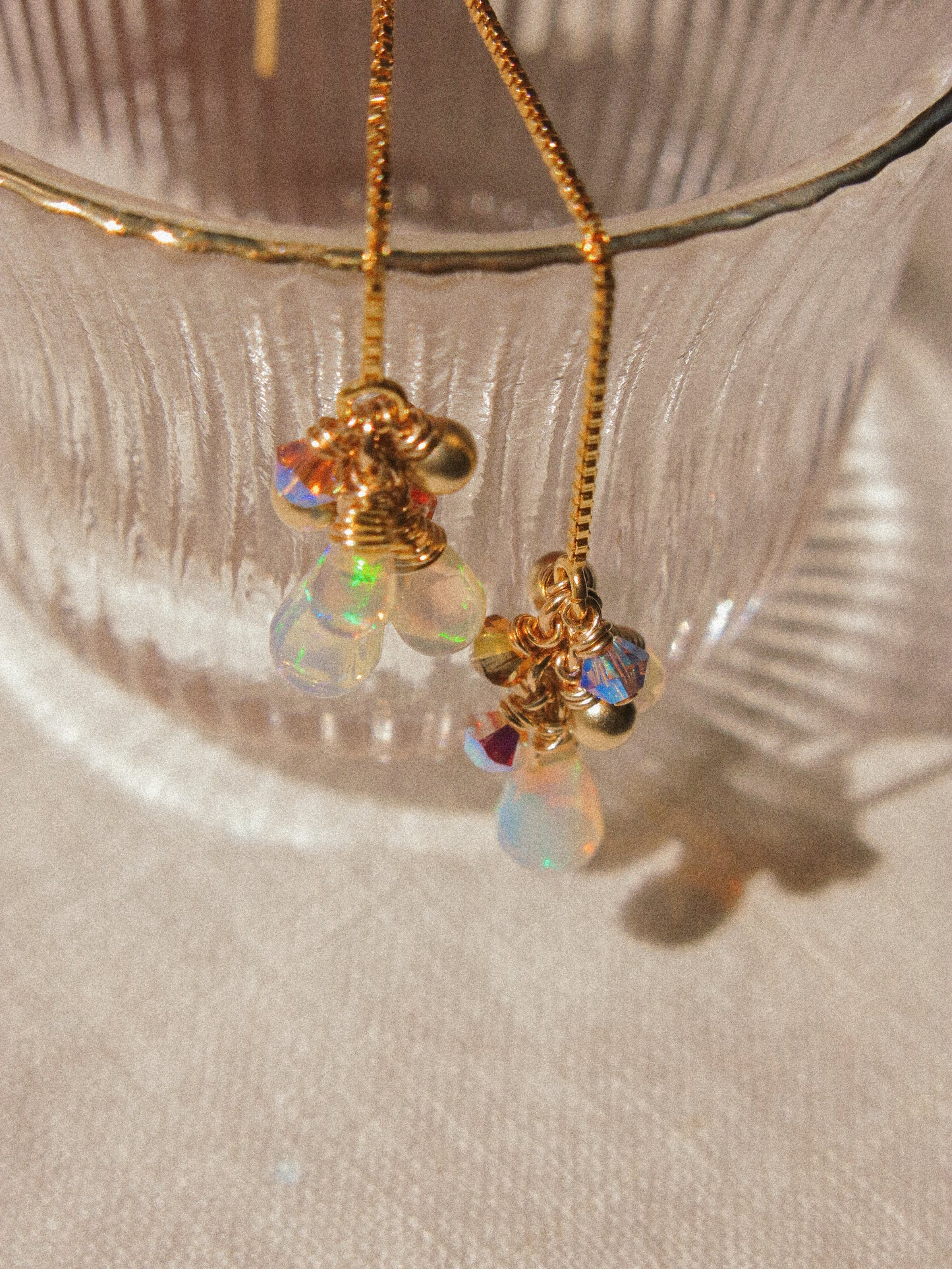 AAA Smooth Ethiopian Welo Opal Cluster Threader Earrings With Swarovski Crystals, 14K Gold Fill
