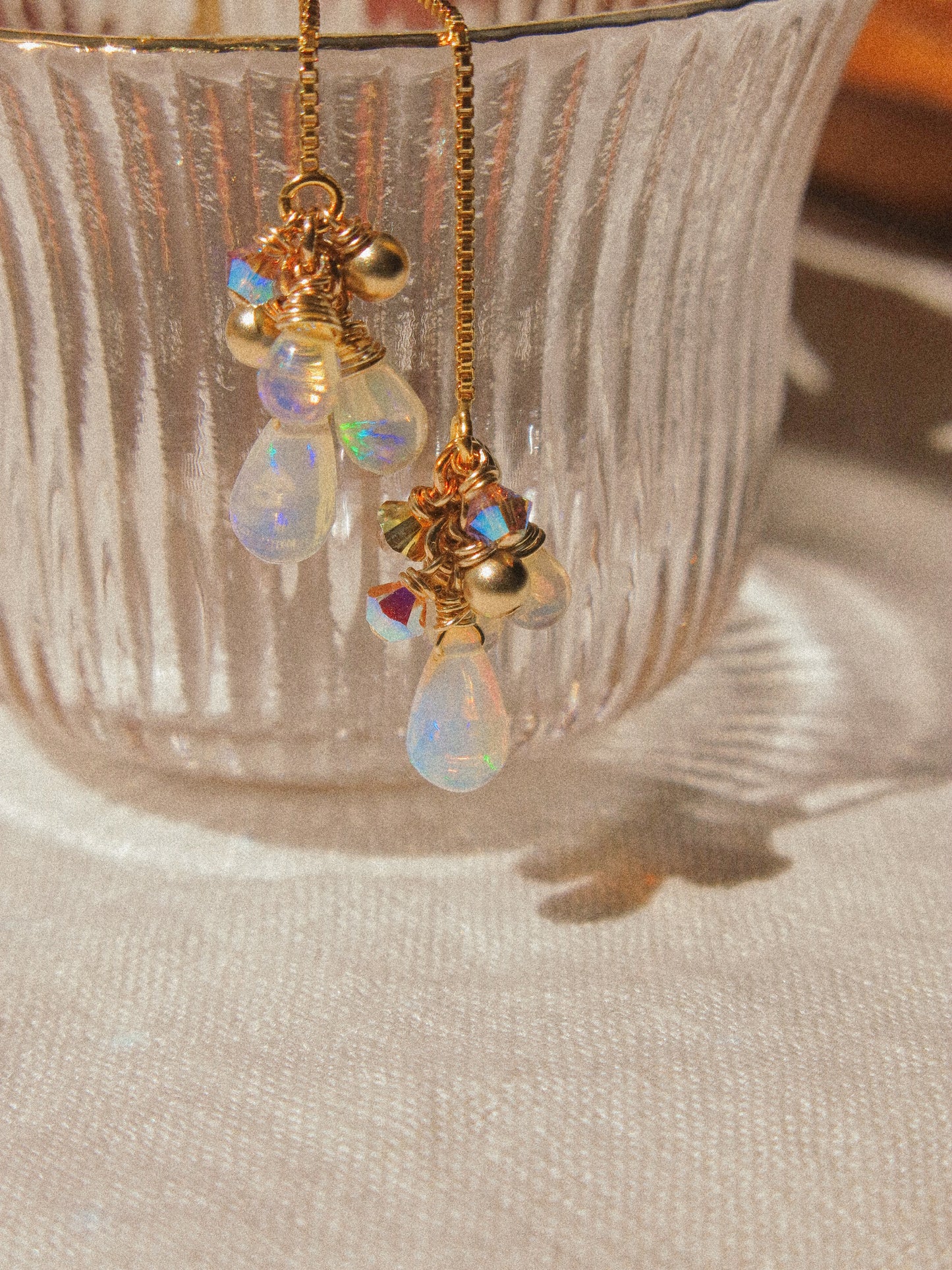 AAA Smooth Ethiopian Welo Opal Cluster Threader Earrings With Swarovski Crystals, 14K Gold Fill