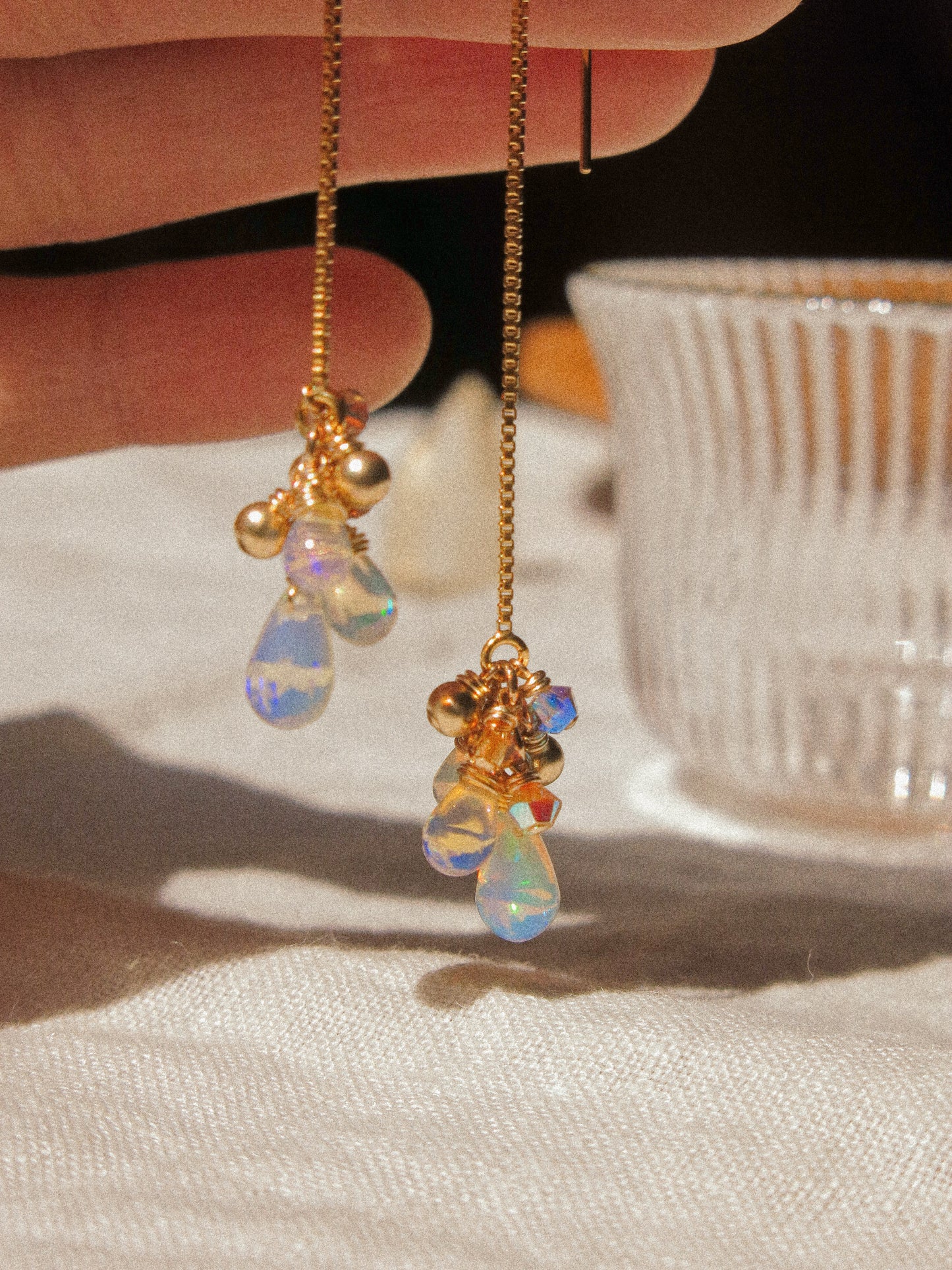 AAA Smooth Ethiopian Welo Opal Cluster Threader Earrings With Swarovski Crystals, 14K Gold Fill