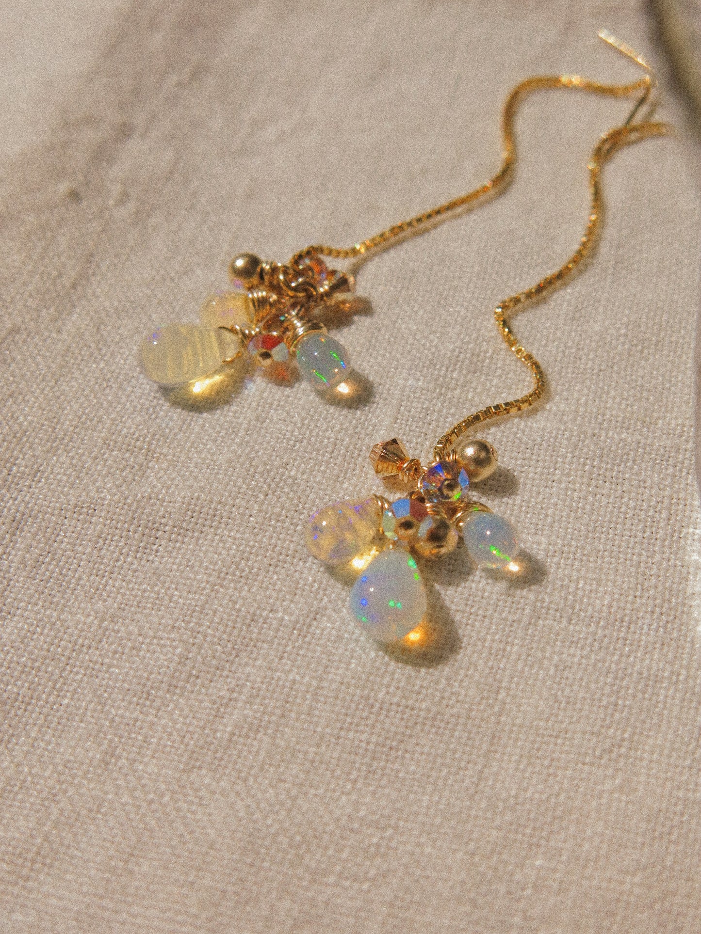 AAA Smooth Ethiopian Welo Opal Cluster Threader Earrings With Swarovski Crystals, 14K Gold Fill