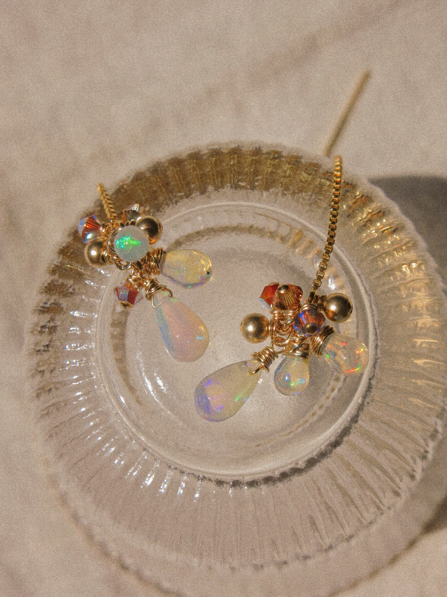 AAA Smooth Ethiopian Welo Opal Cluster Threader Earrings With Swarovski Crystals, 14K Gold Fill