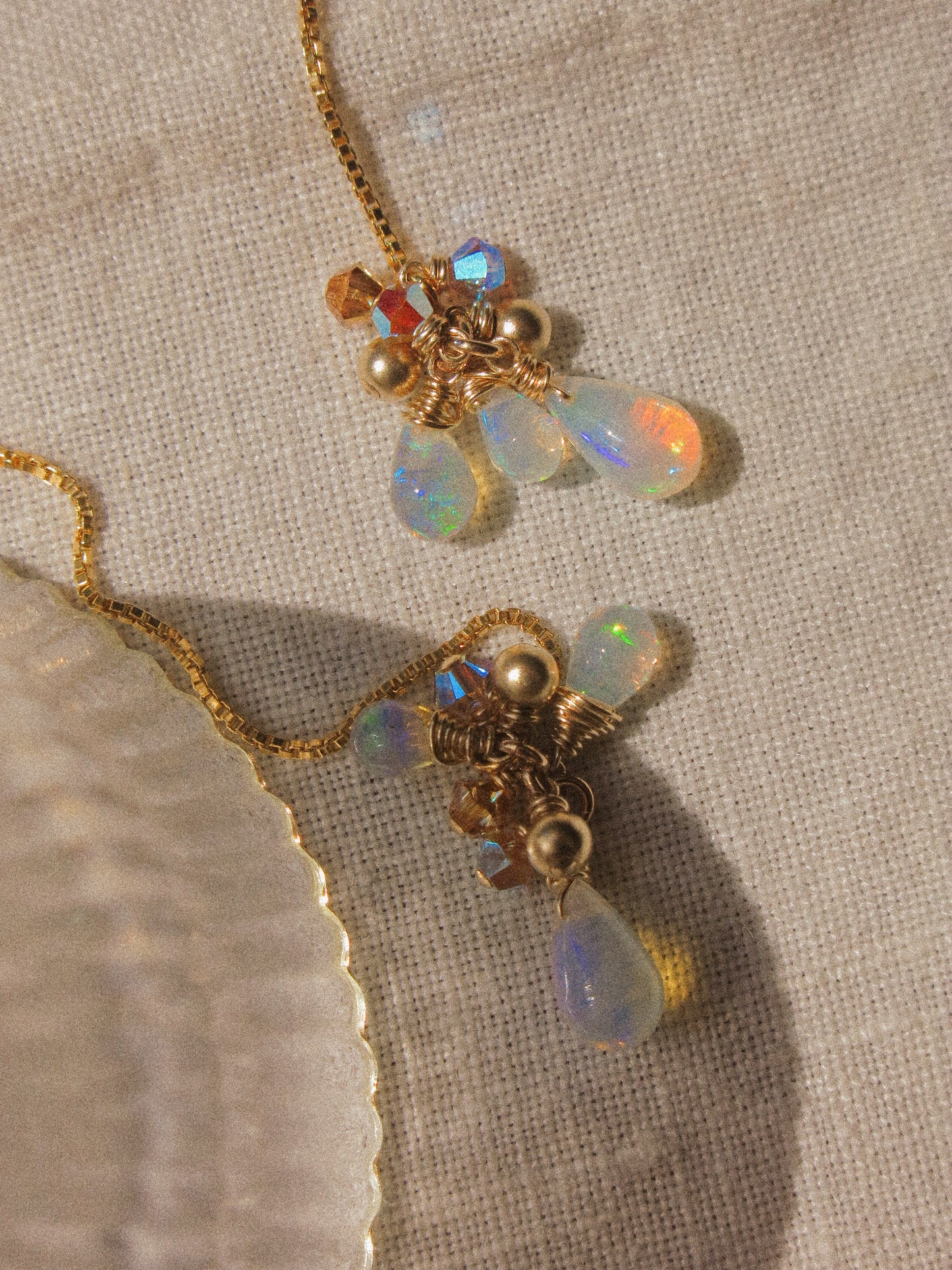 AAA Smooth Ethiopian Welo Opal Cluster Threader Earrings With Swarovski Crystals, 14K Gold Fill