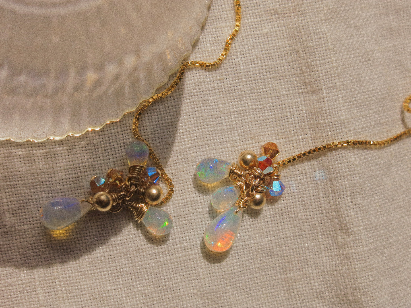 AAA Smooth Ethiopian Welo Opal Cluster Threader Earrings With Swarovski Crystals, 14K Gold Fill