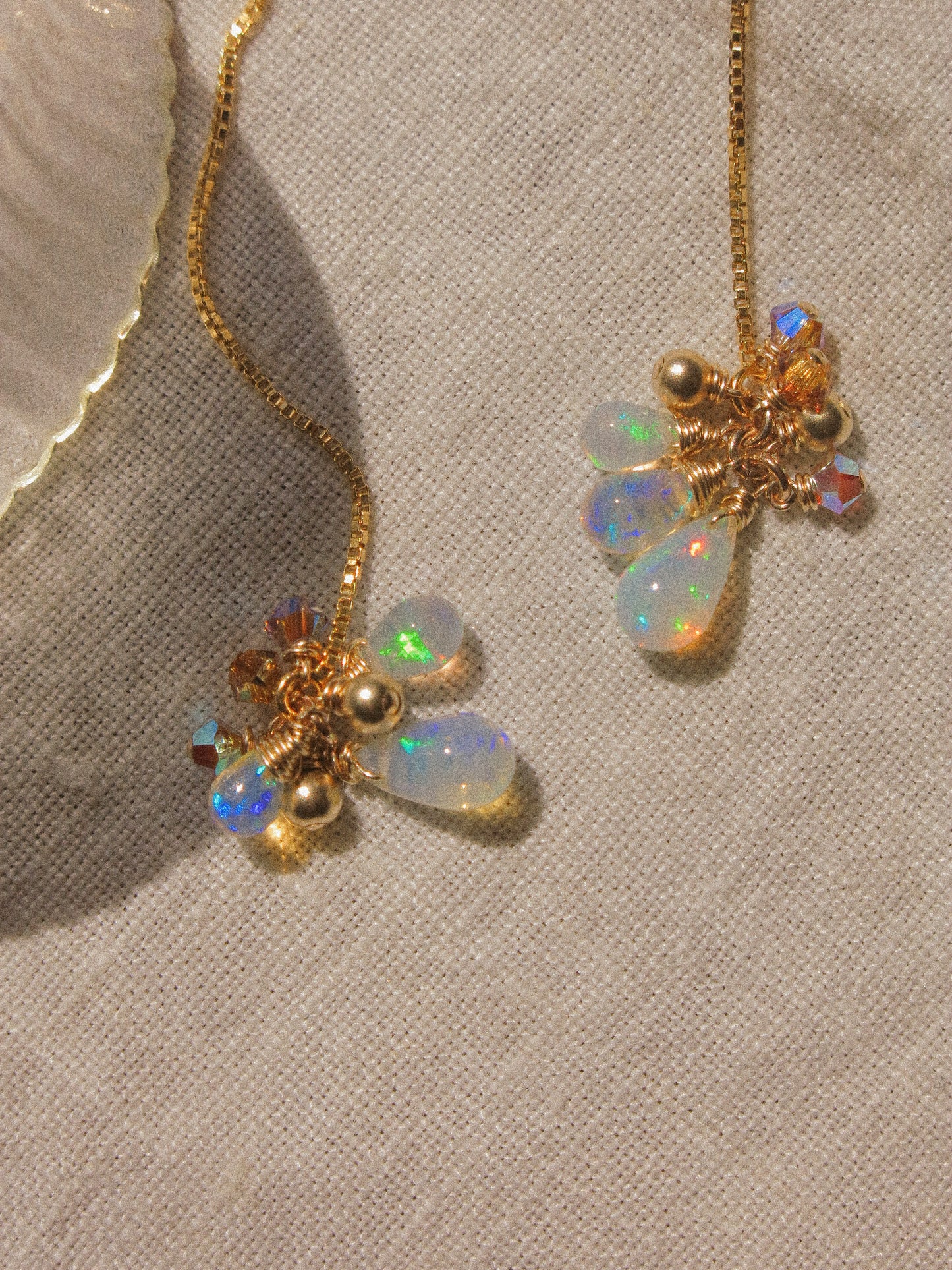 AAA Smooth Ethiopian Welo Opal Cluster Threader Earrings With Swarovski Crystals, 14K Gold Fill