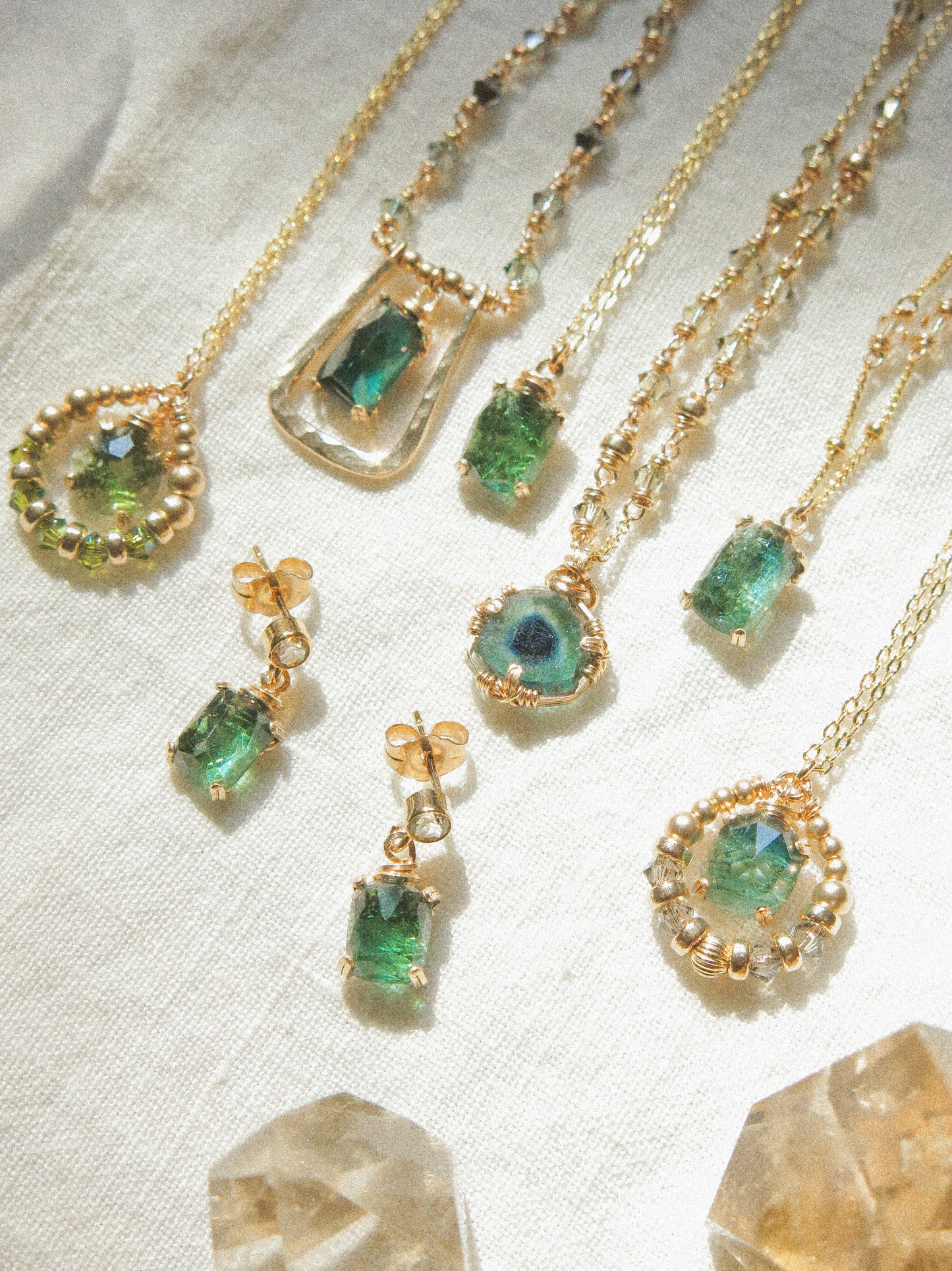 Bicolor Blue Tourmaline Slice Necklace in Double Sided Prong Setting with Swarovski Crystal, 14K Gold Fill, 16”