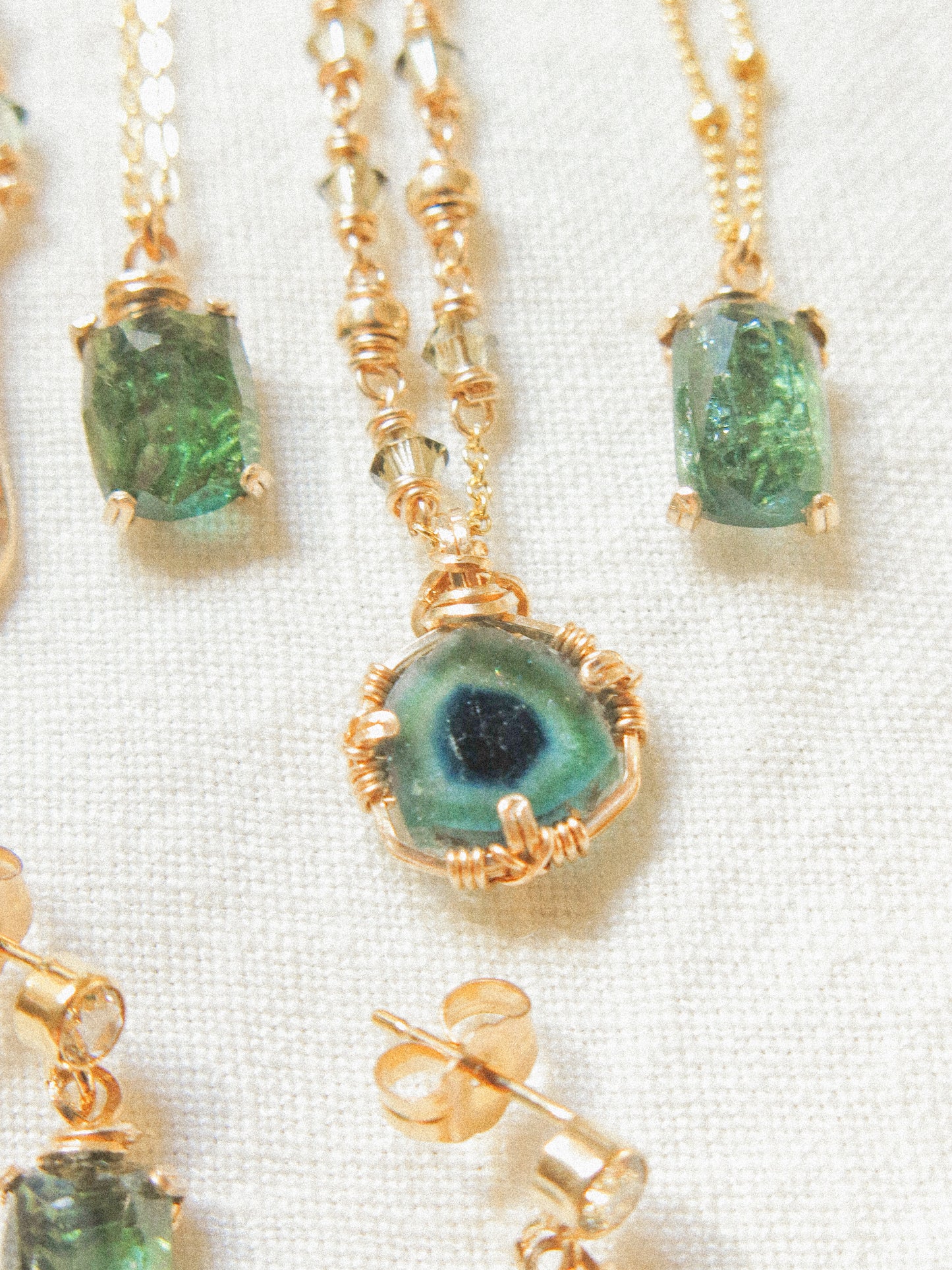 Bicolor Blue Tourmaline Slice Necklace in Double Sided Prong Setting with Swarovski Crystal, 14K Gold Fill, 16”