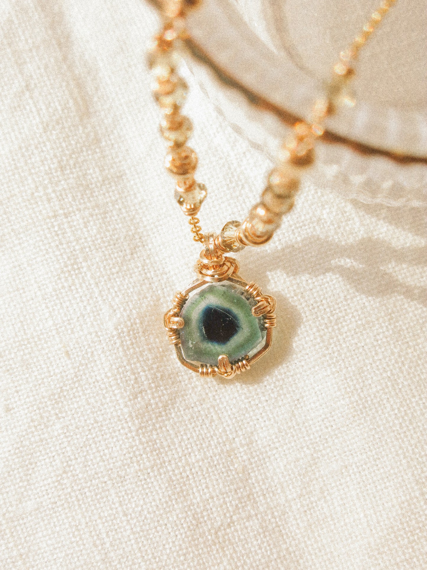 Bicolor Blue Tourmaline Slice Necklace in Double Sided Prong Setting with Swarovski Crystal, 14K Gold Fill, 16”