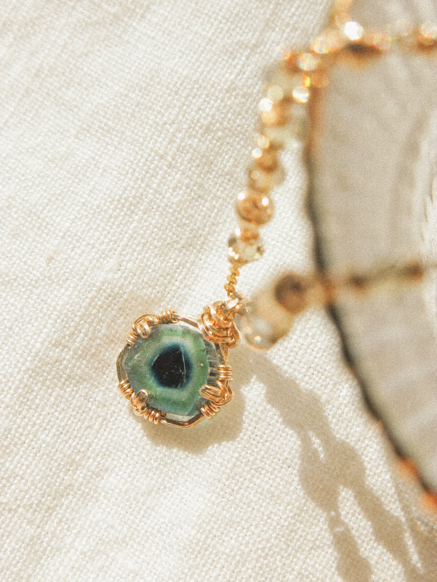 Bicolor Blue Tourmaline Slice Necklace in Double Sided Prong Setting with Swarovski Crystal, 14K Gold Fill, 16”