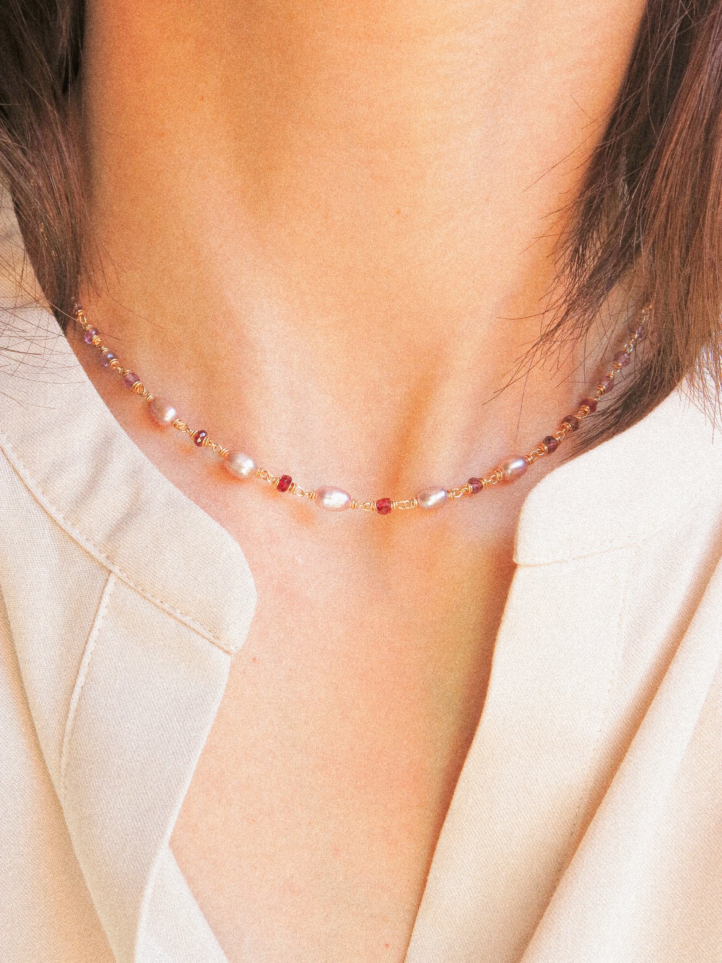 Delicate Choker Necklace with Rainbow Purple Pearls and and AAA Ombré Spinel, 14K Gold Fill