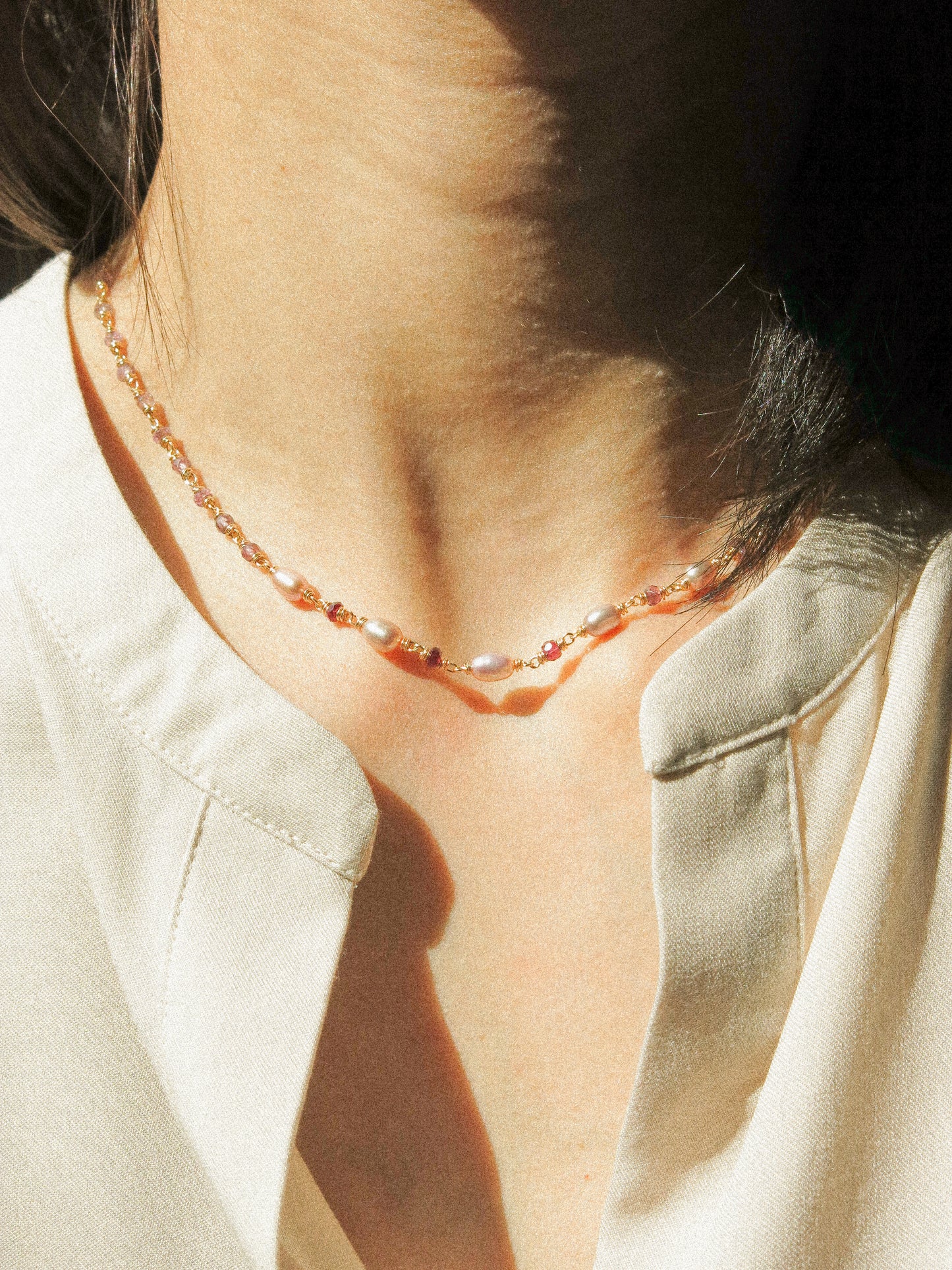 Delicate Choker Necklace with Rainbow Purple Pearls and and AAA Ombré Spinel, 14K Gold Fill