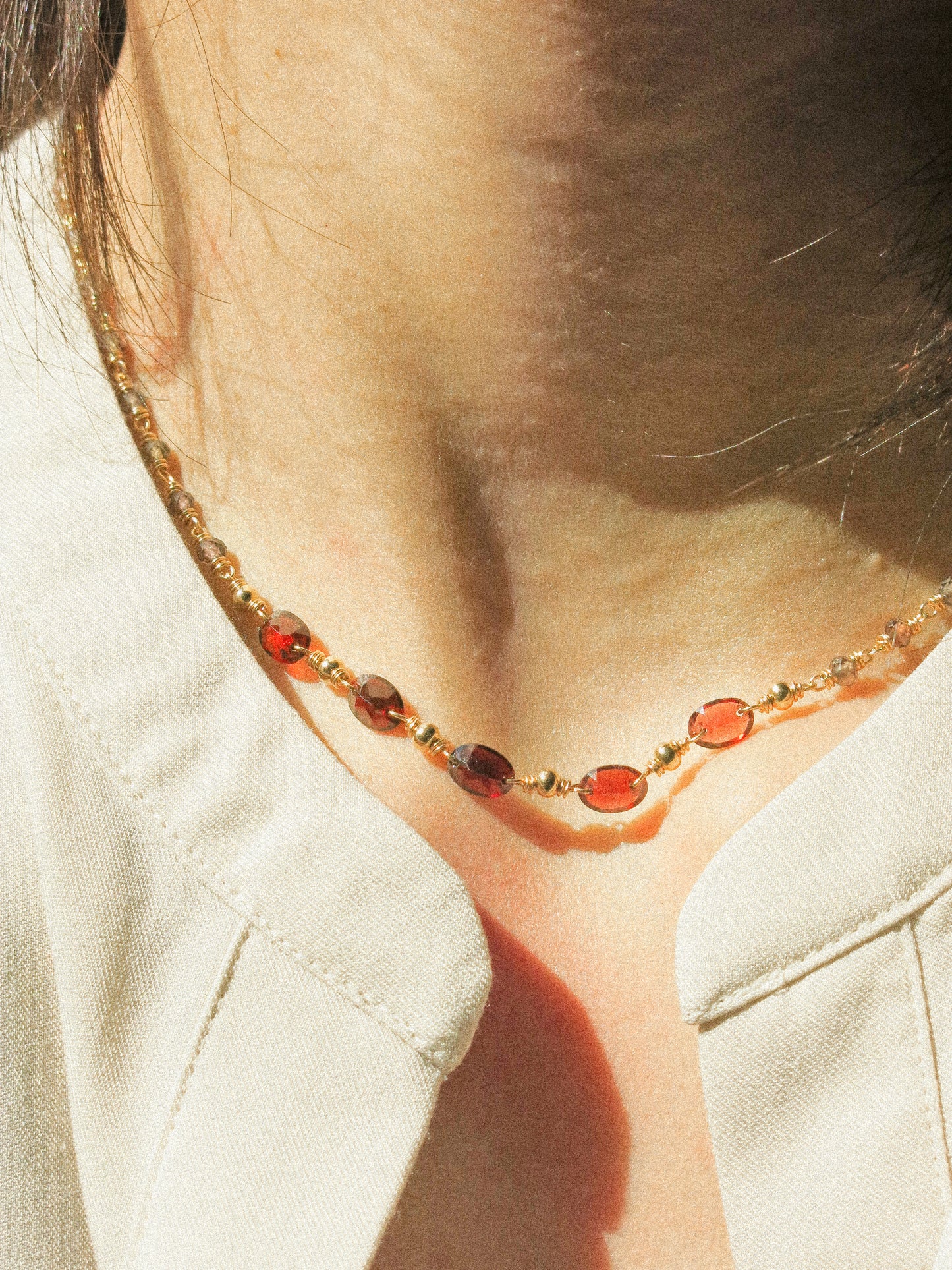 Delicate Choker Necklace with Faceted Oval Mozambique Garnet and AAA Ombré Tundra Sapphire, 14K Gold Fill