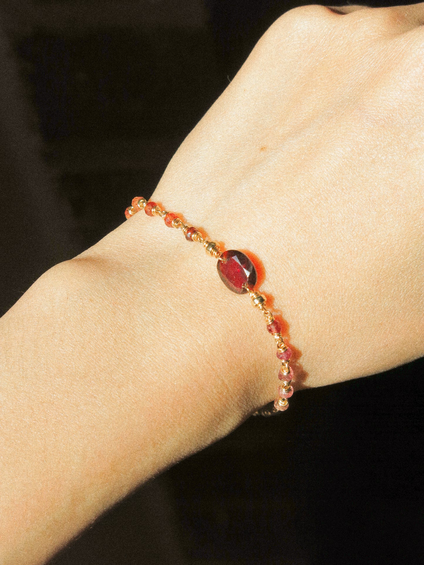 Delicate Bracelet with Faceted Hessonite Garnet and AAA Ombré Tundra Sapphire, 6.5”, 14K Gold Fill