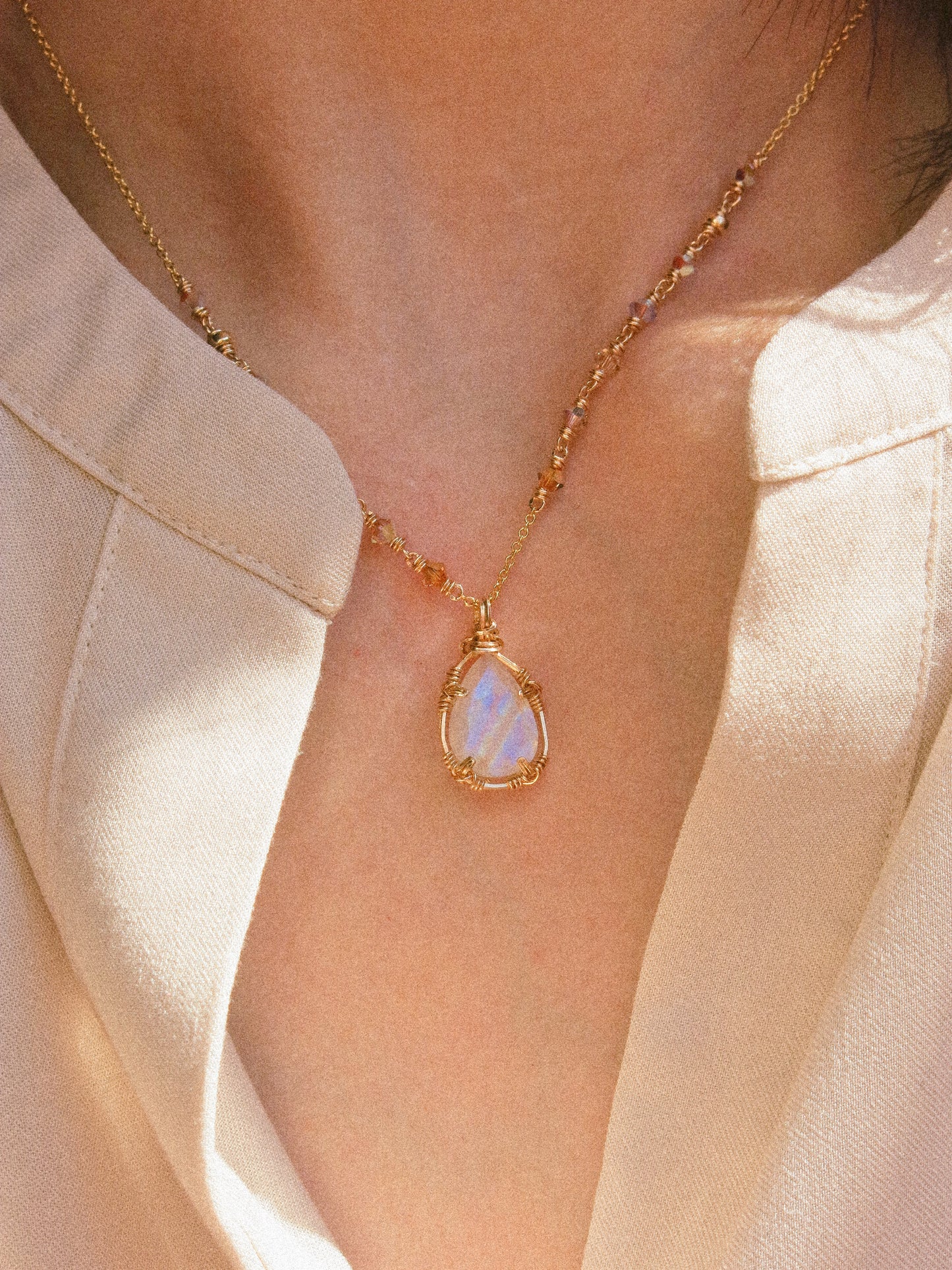 Rainbow Moonstone Ombré Necklace in Double Sided Prong Setting, 14K Gold Fill