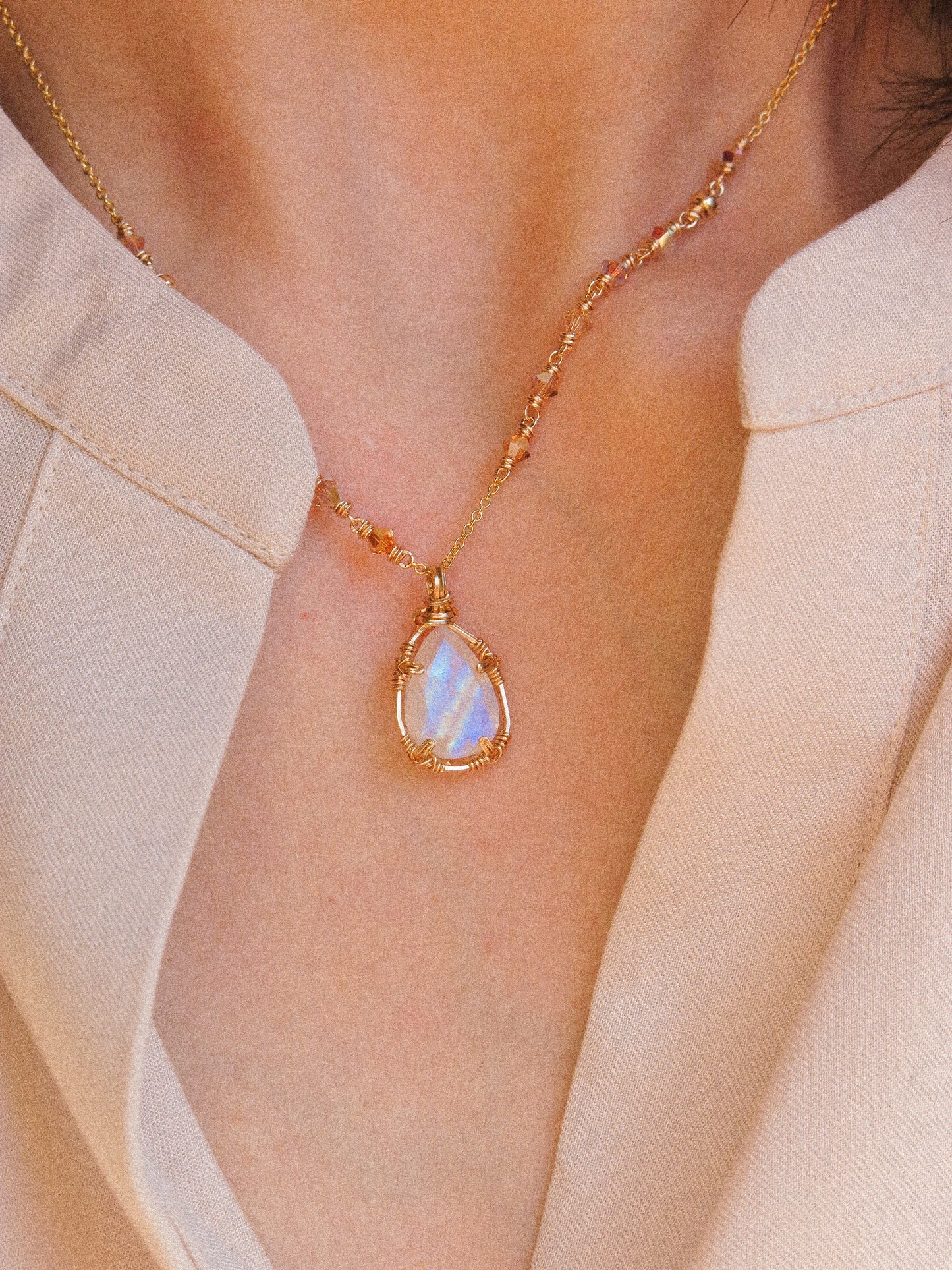 Rainbow Moonstone Ombré Necklace in Double Sided Prong Setting, 14K Gold Fill