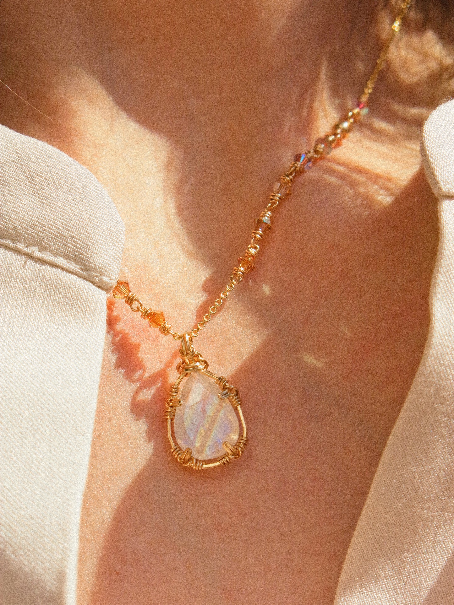 Rainbow Moonstone Ombré Necklace in Double Sided Prong Setting, 14K Gold Fill