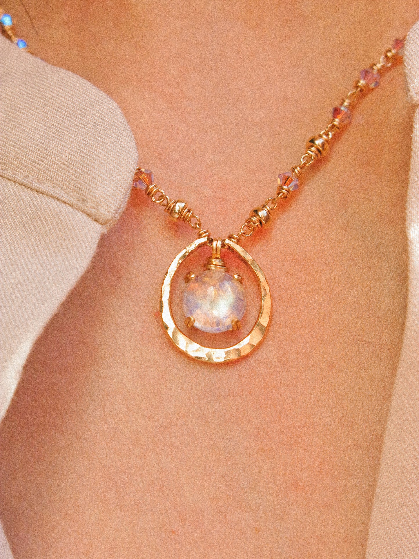 Full Moon Necklace with Rainbow Moonstone in Prong Setting, 14K Gold Fill