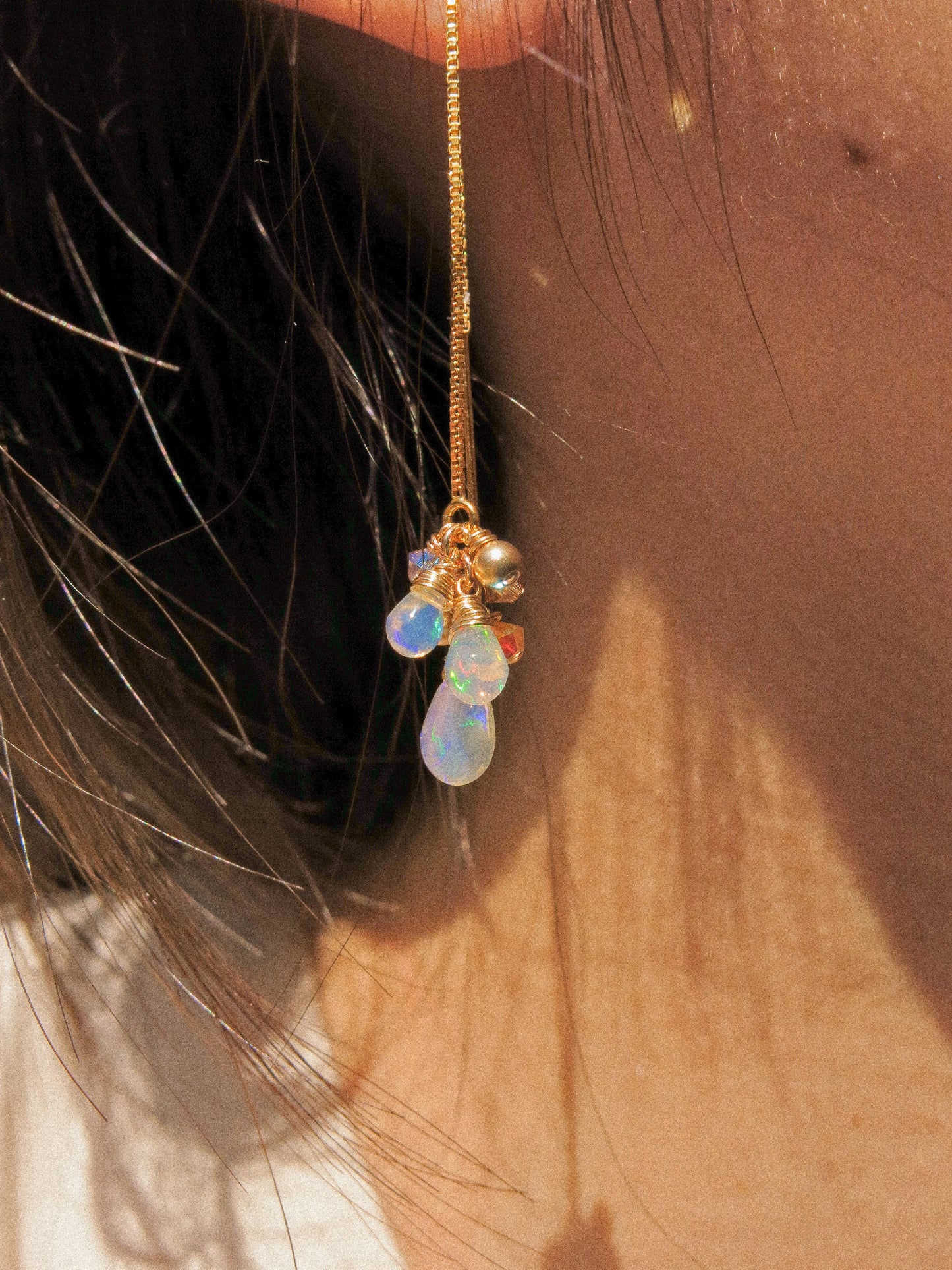 AAA Smooth Ethiopian Welo Opal Cluster Threader Earrings With Swarovski Crystals, 14K Gold Fill