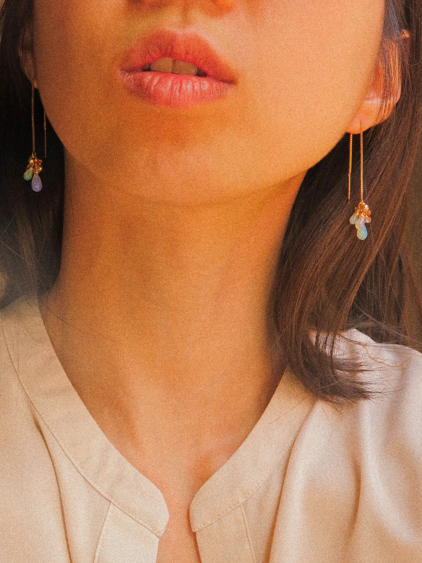AAA Smooth Ethiopian Welo Opal Cluster Threader Earrings With Swarovski Crystals, 14K Gold Fill