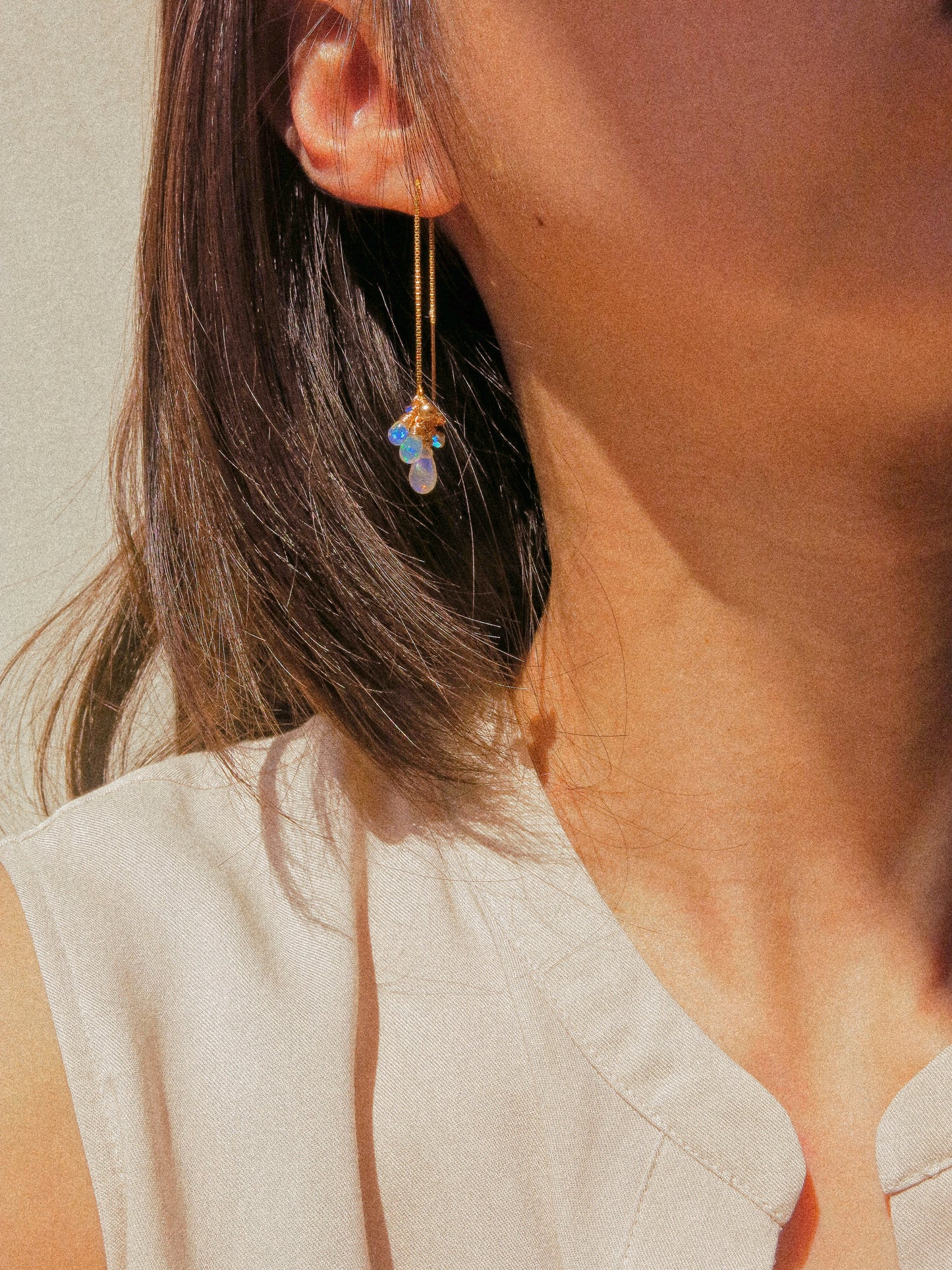 AAA Smooth Ethiopian Welo Opal Cluster Threader Earrings With Swarovski Crystals, 14K Gold Fill