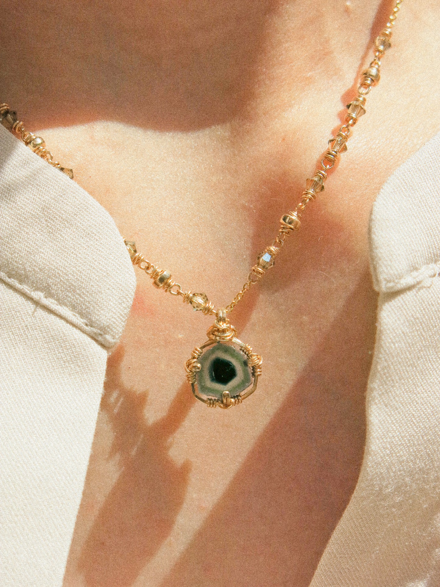 Bicolor Blue Tourmaline Slice Necklace in Double Sided Prong Setting with Swarovski Crystal, 14K Gold Fill, 16”