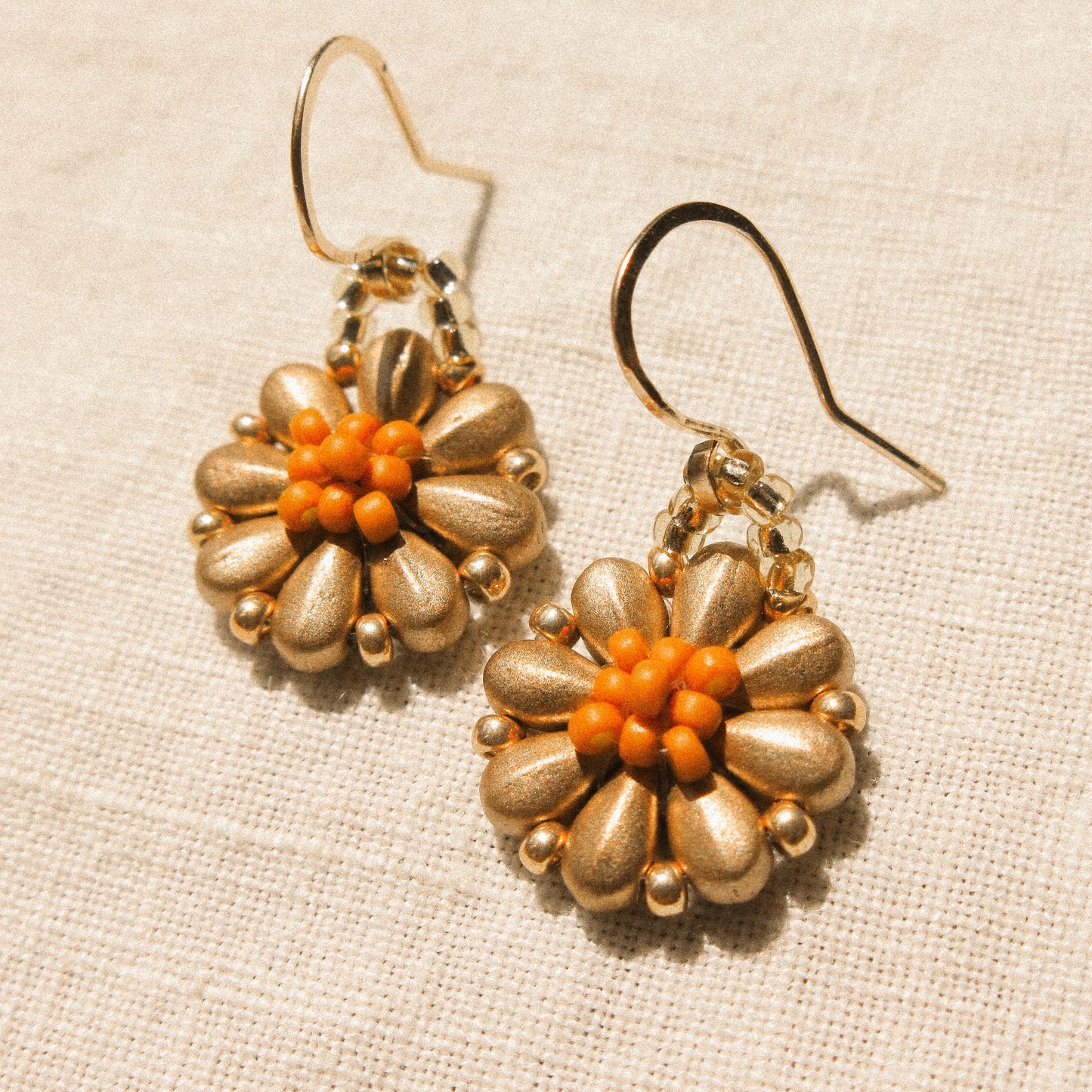 Customized Beaded Daisy Earrings, Pick a Color and Style: French Wire or Hammered Hoops, 14K Gold Fill