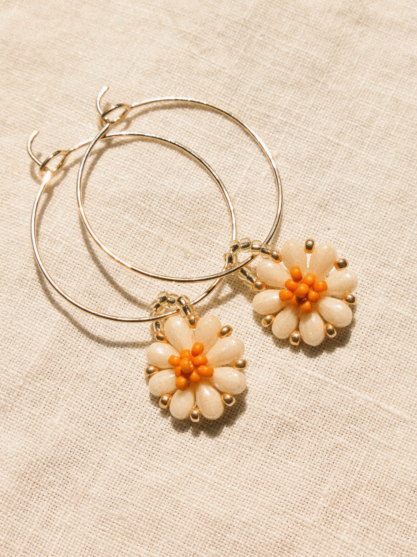 Customized Beaded Daisy Earrings, Pick a Color and Style: French Wire or Hammered Hoops, 14K Gold Fill