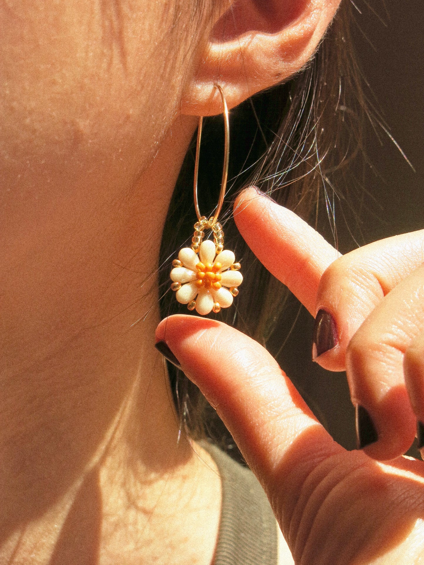 Customized Beaded Daisy Earrings, Pick a Color and Style: French Wire or Hammered Hoops, 14K Gold Fill