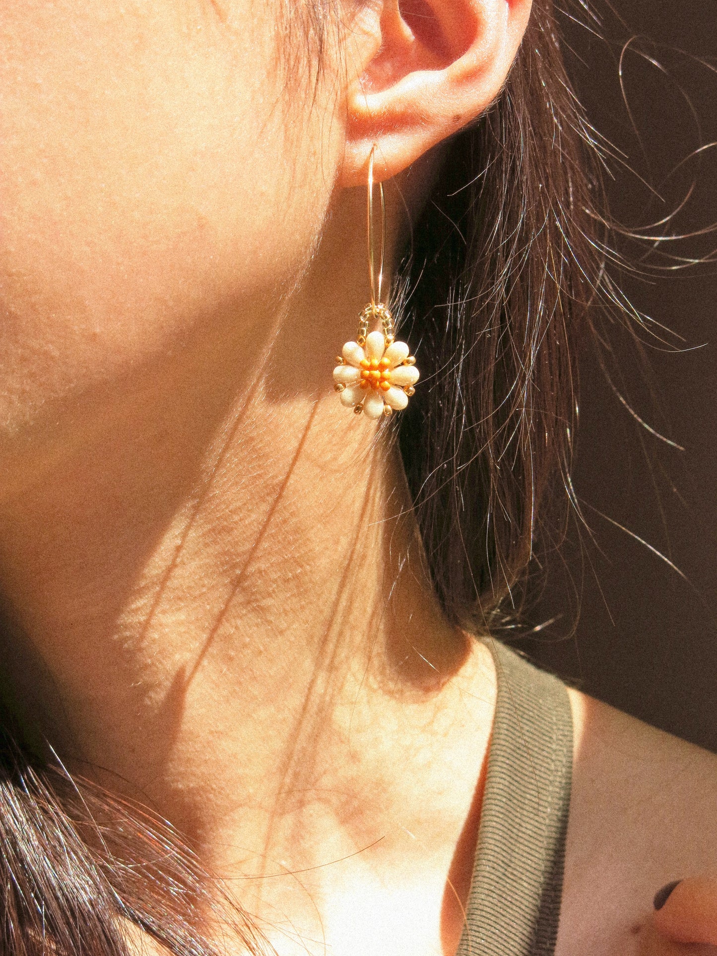 Customized Beaded Daisy Earrings, Pick a Color and Style: French Wire or Hammered Hoops, 14K Gold Fill