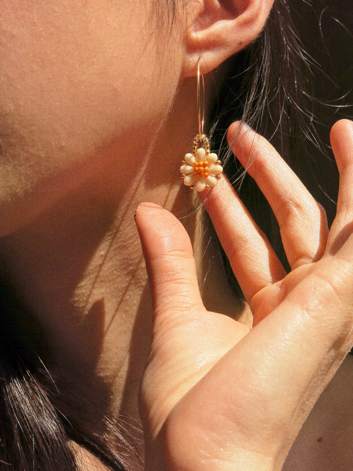 Customized Beaded Daisy Earrings, Pick a Color and Style: French Wire or Hammered Hoops, 14K Gold Fill
