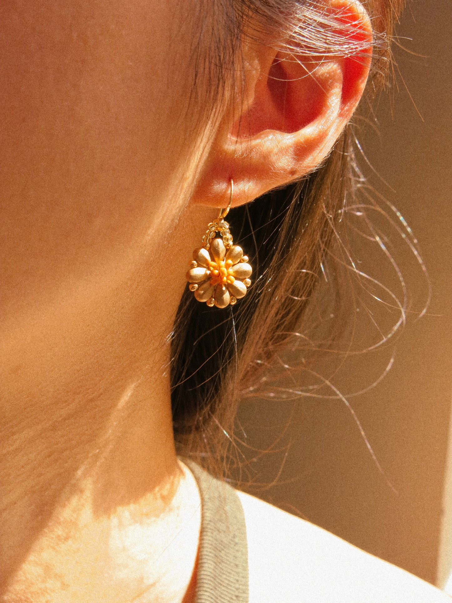 Customized Beaded Daisy Earrings, Pick a Color and Style: French Wire or Hammered Hoops, 14K Gold Fill